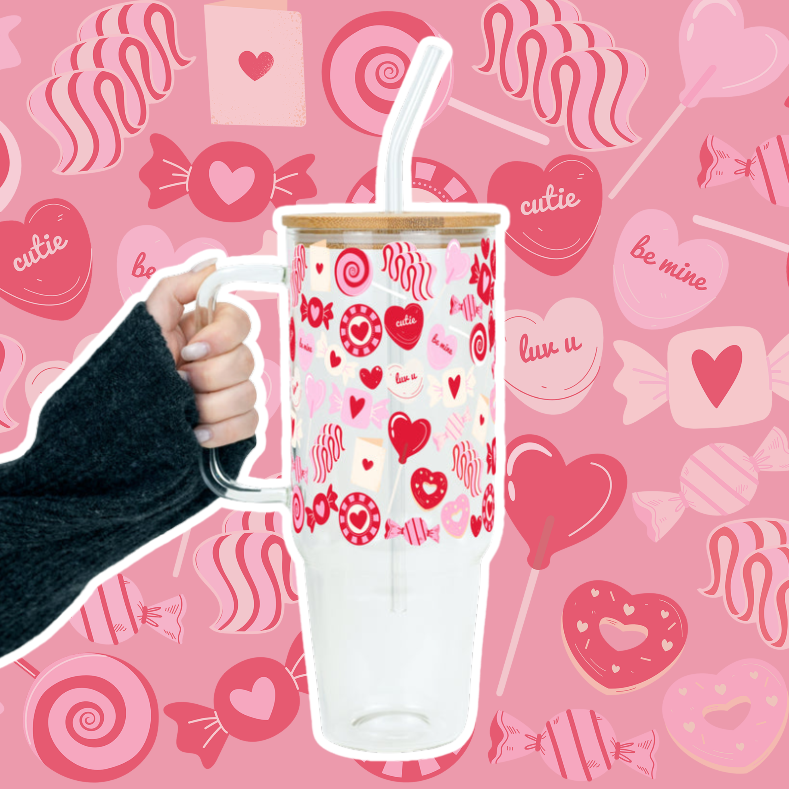 Valentine's Day Sweets Tumbler with Handle Lid & Straw