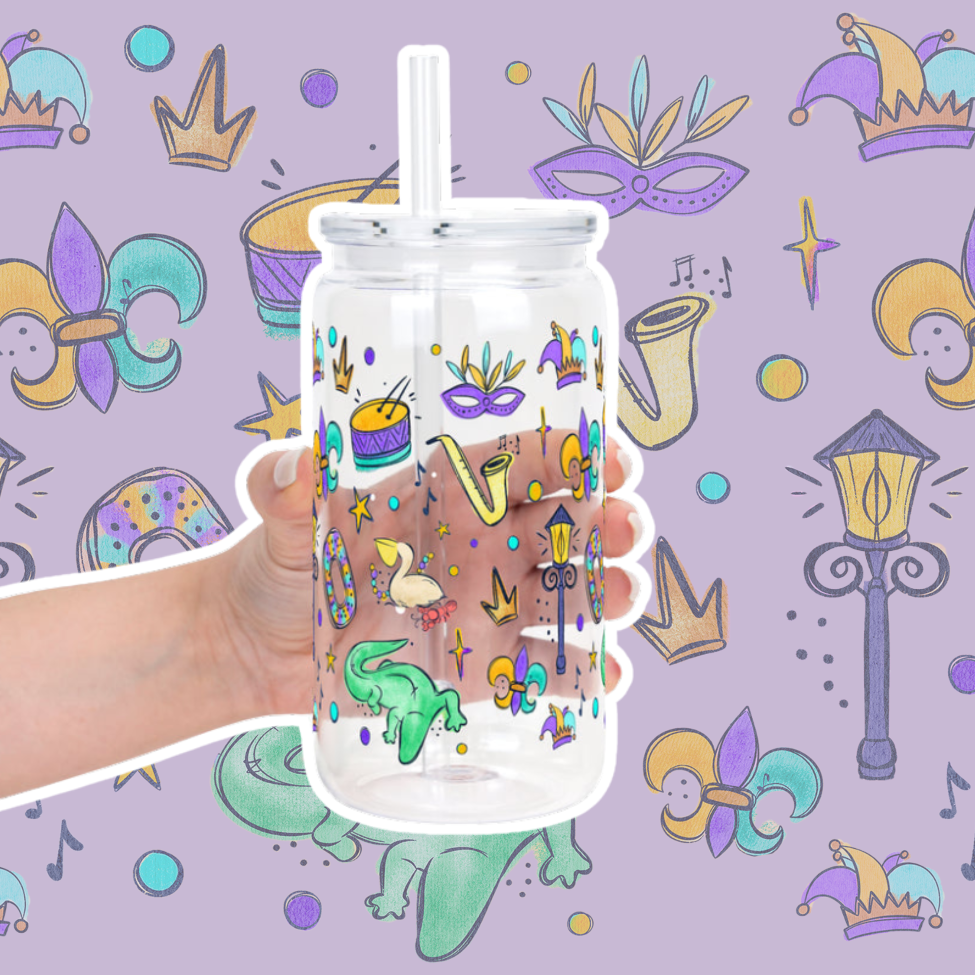 Balloon Dog Mardi Gras Glass Cup, Mug & Tumbler with Lid and Straw