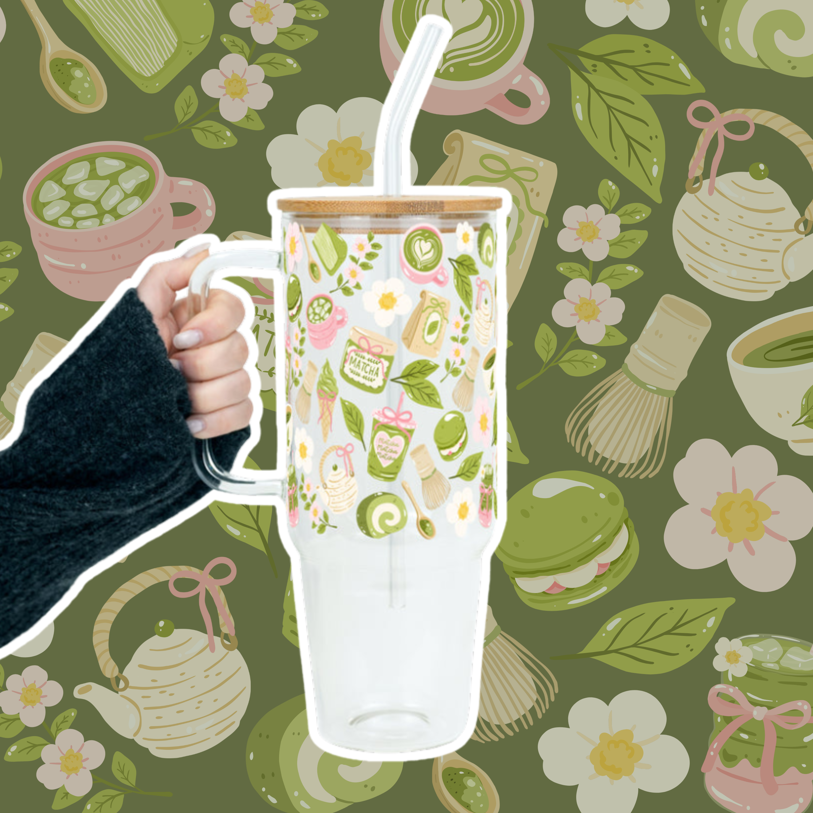 Matcha Moments Tumbler with Handle Lid & Straw