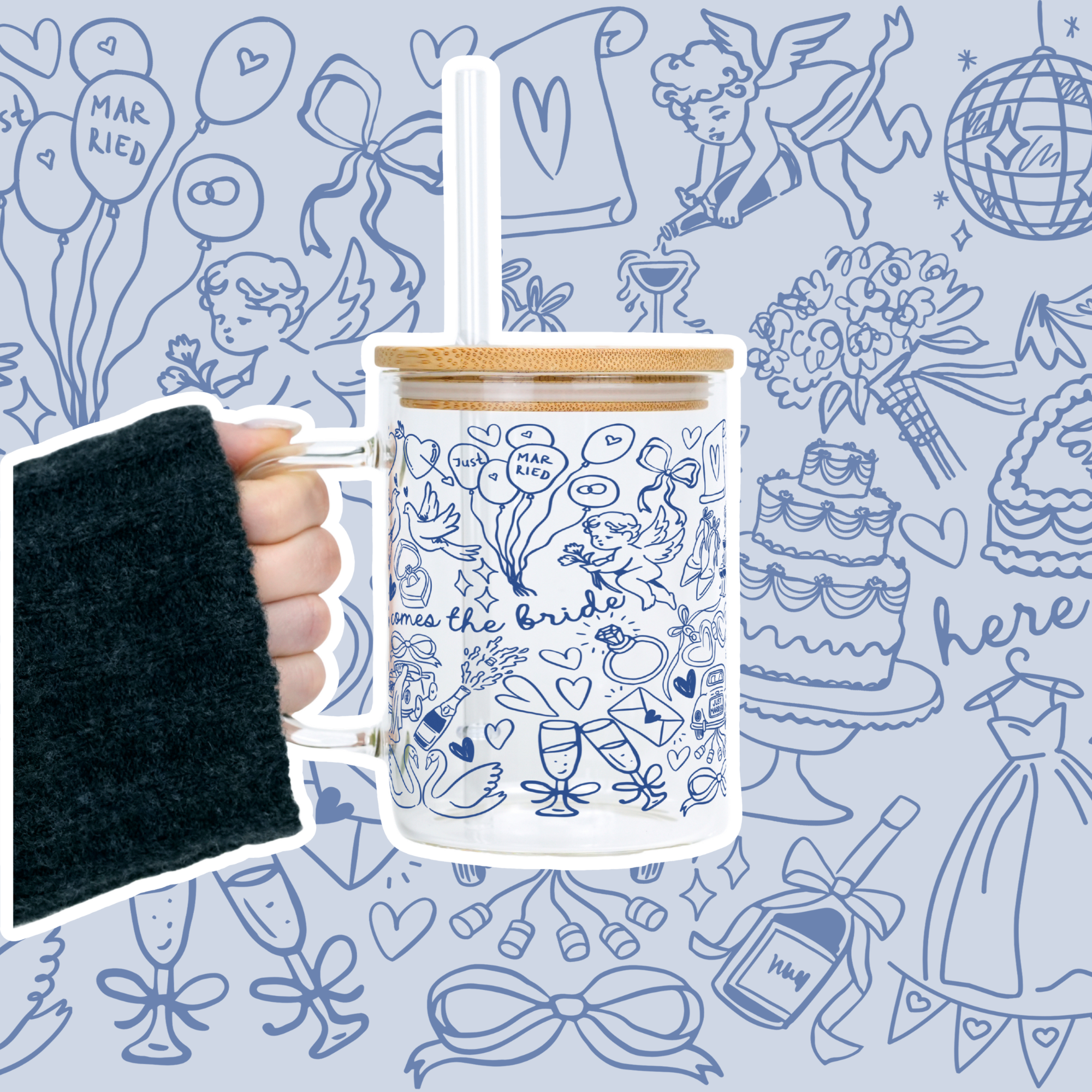 Something Blue Bridal Personalized & Non Personalized Clear Glass Mug With Lid & Straw