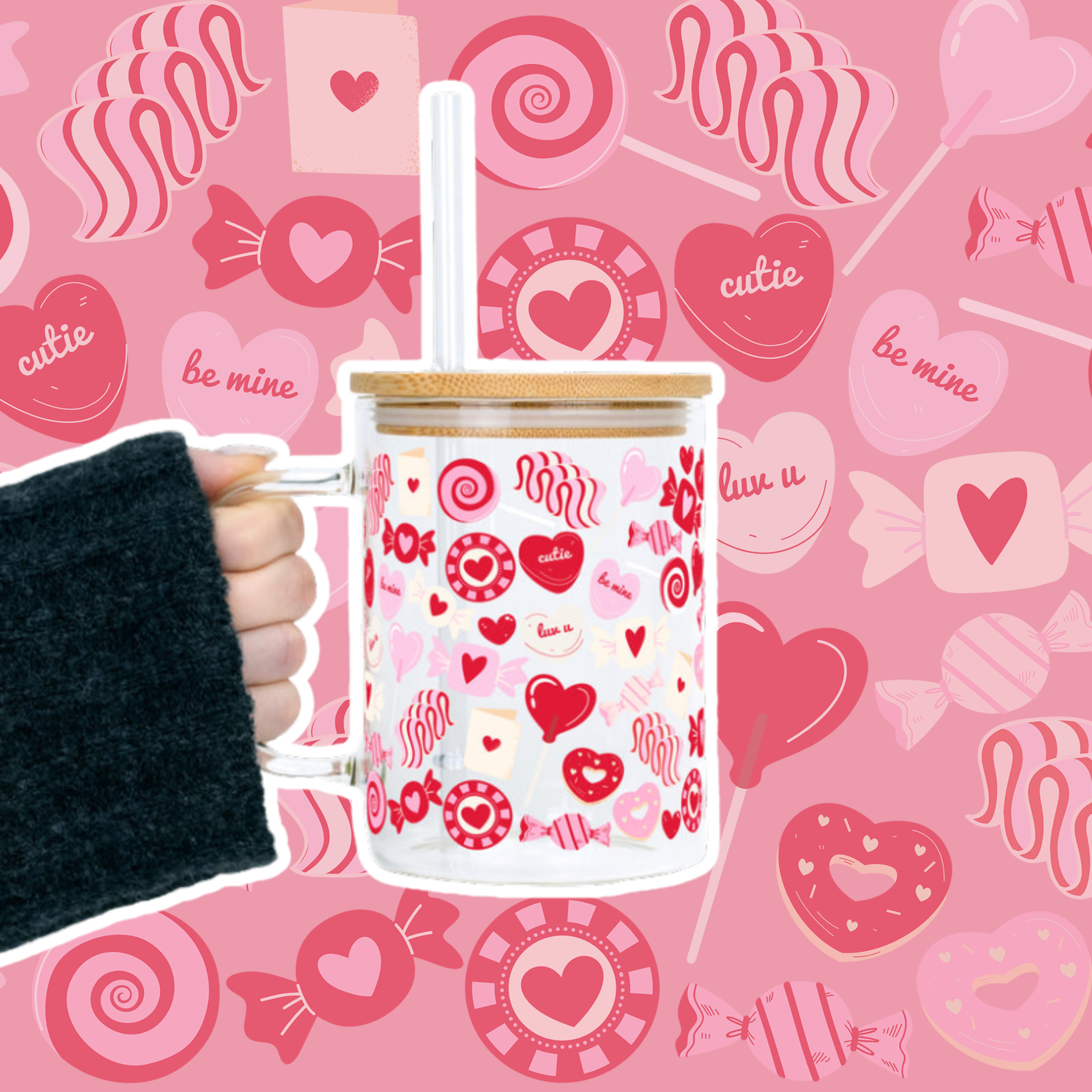 Valentine's Day Sweets Clear Glass Mug with Lid & Straw