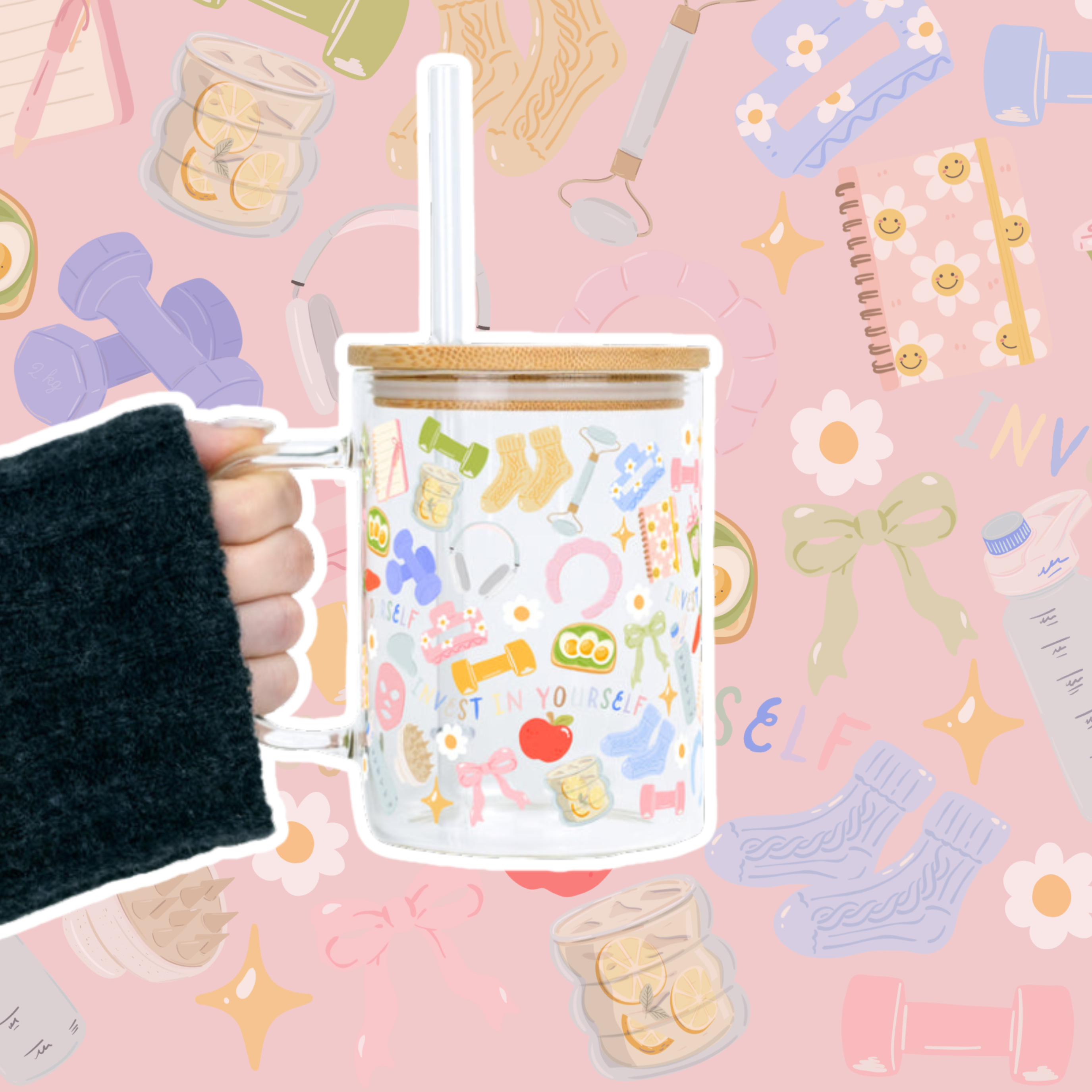 Soft Reset Glass Mug with Lid & Straw