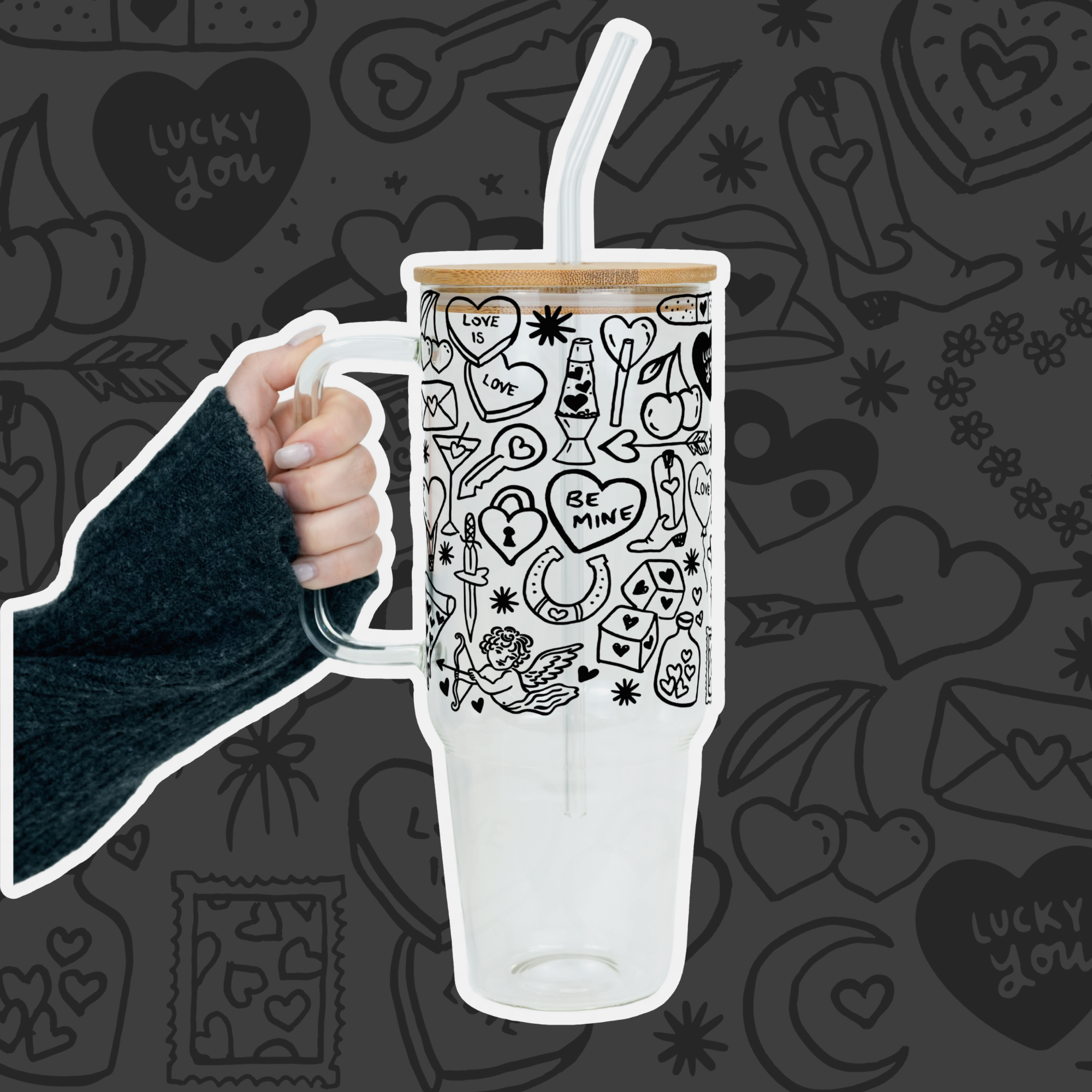 Black Tiny Tats Tumbler With Lid & Straw