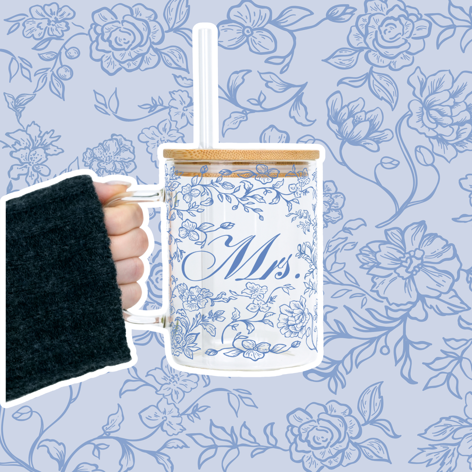Mrs Chinoiserie Bridal Clear Glass Mug With Lid & Straw Non Personalized or Personalized