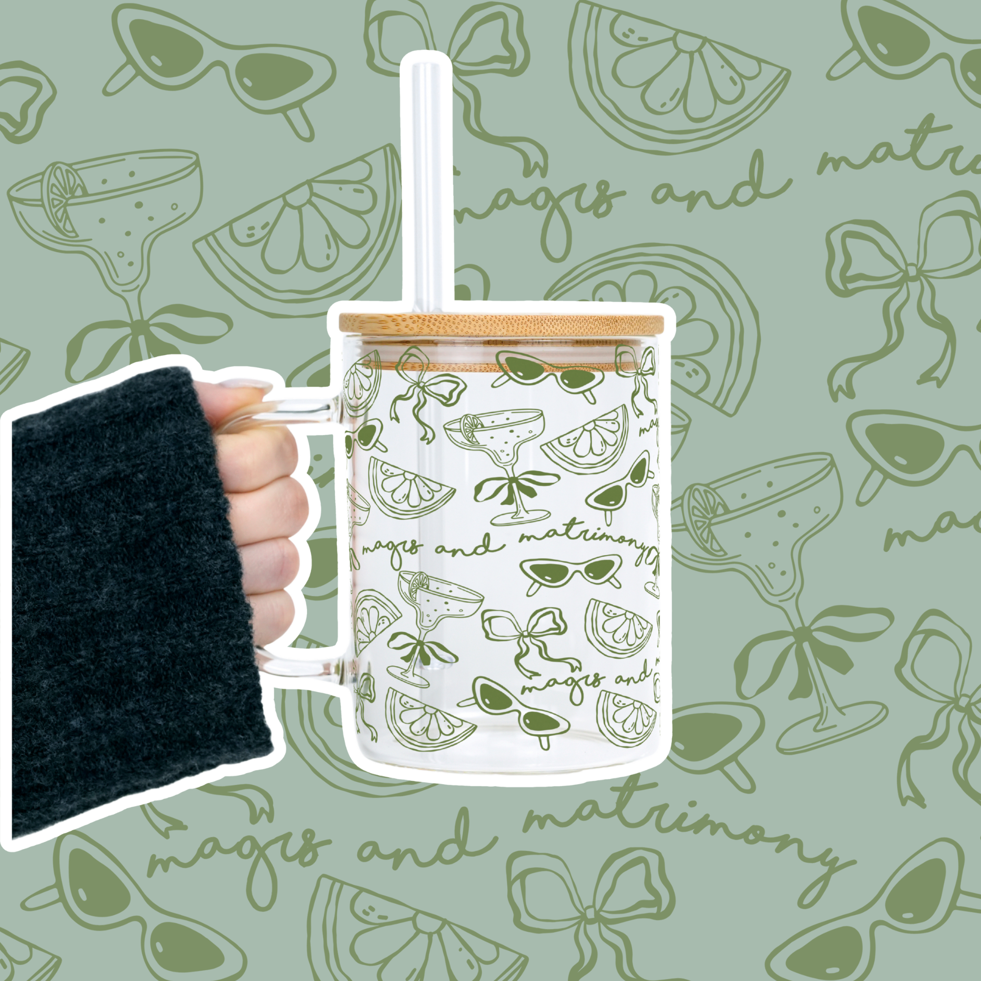 Margs and Matrimony Bridesmaids Clear Glass Mug With Lid & Straw