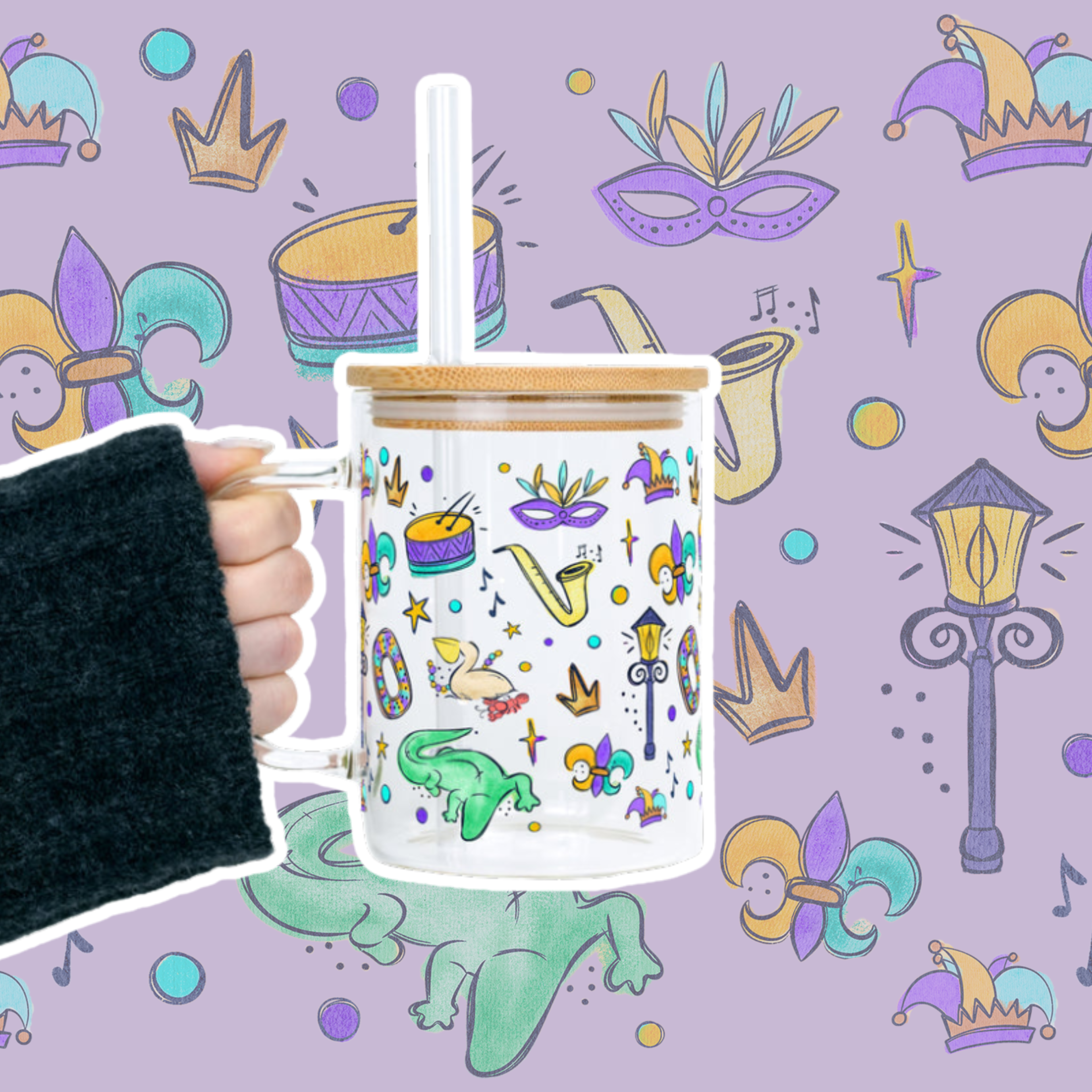 Watercolor Mardi Gras Clear Glass Mug with Lid & Straw