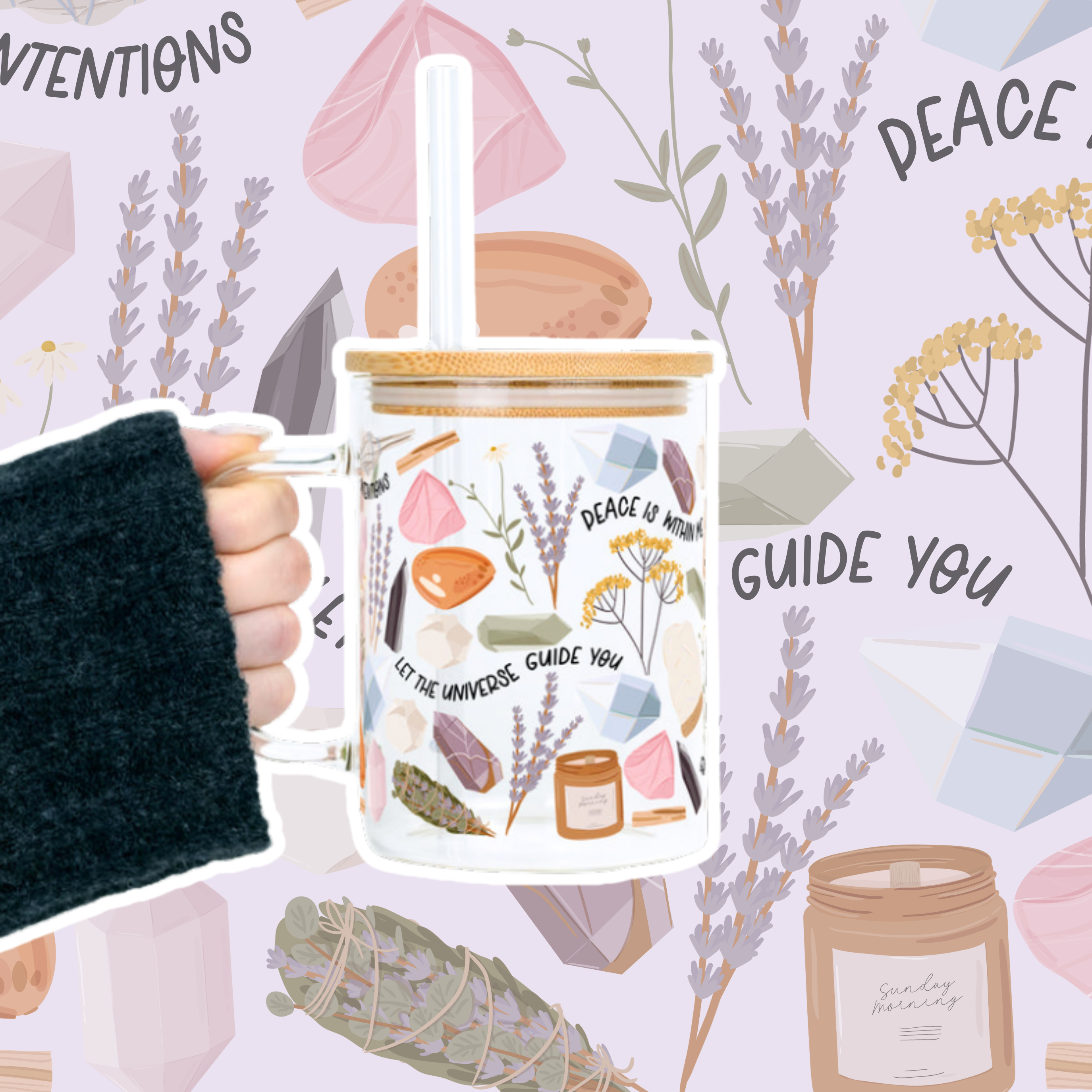 Daily Intentions Clear Glass Mug with Lid & Straw