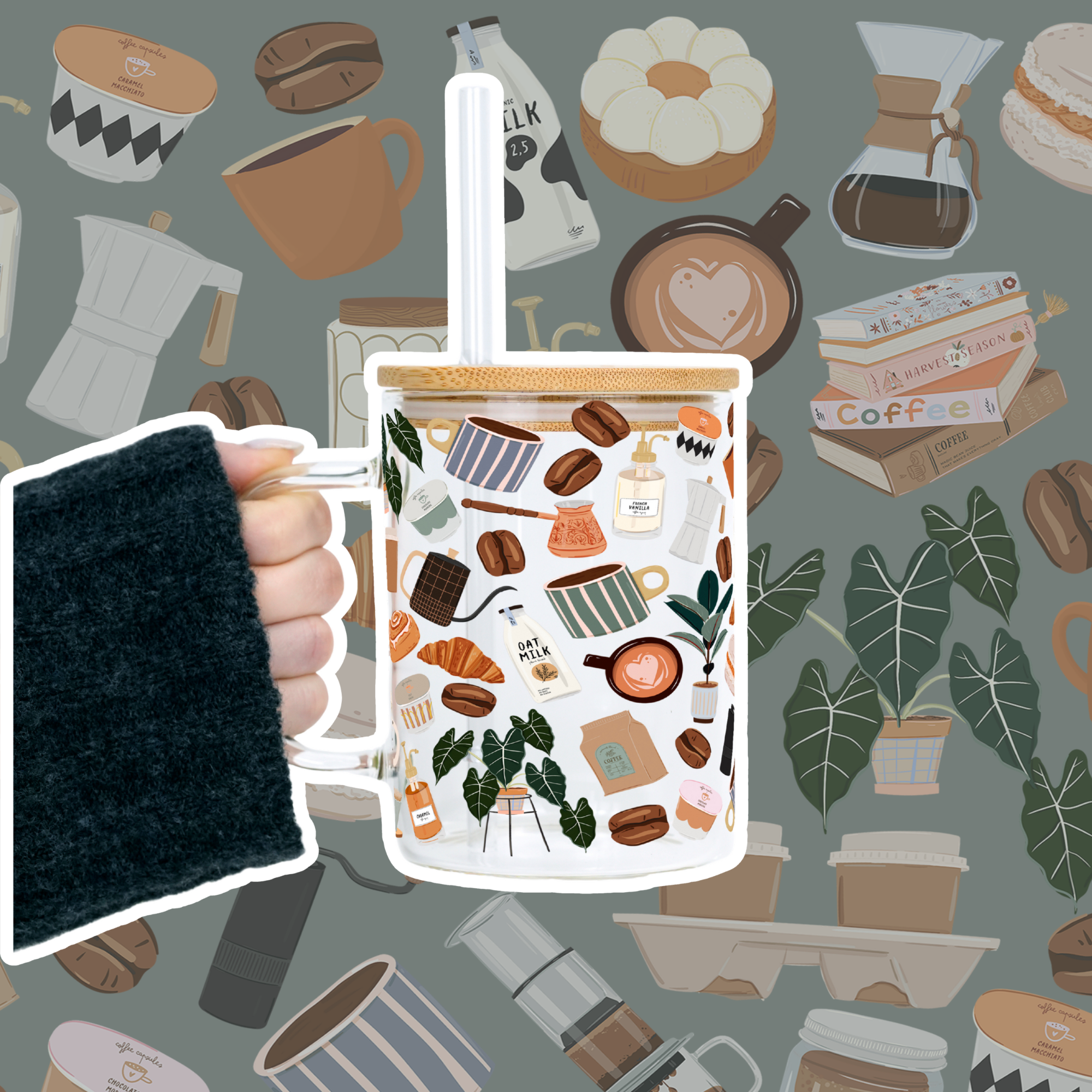 Cafe Cutie Clear Glass Mug with Lid & Straw