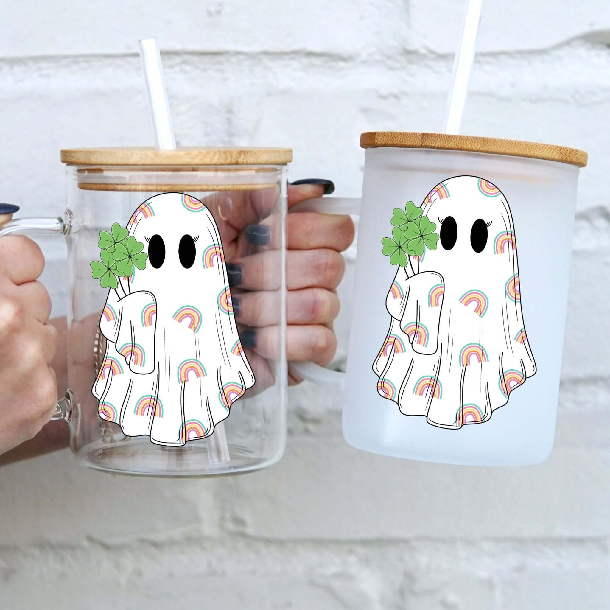St Patrick's Day Shamrock Ghost 17oz Glass Mug With Lid and Straw