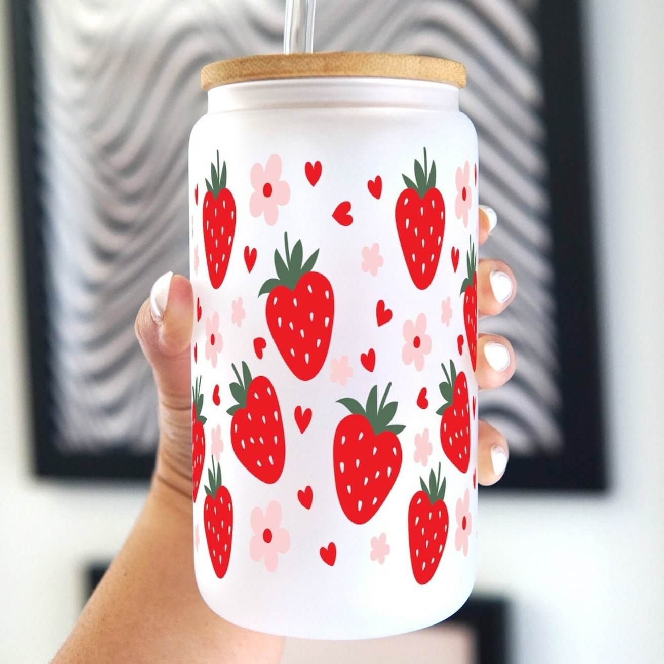 Strawberries Cup With Lid and Straw