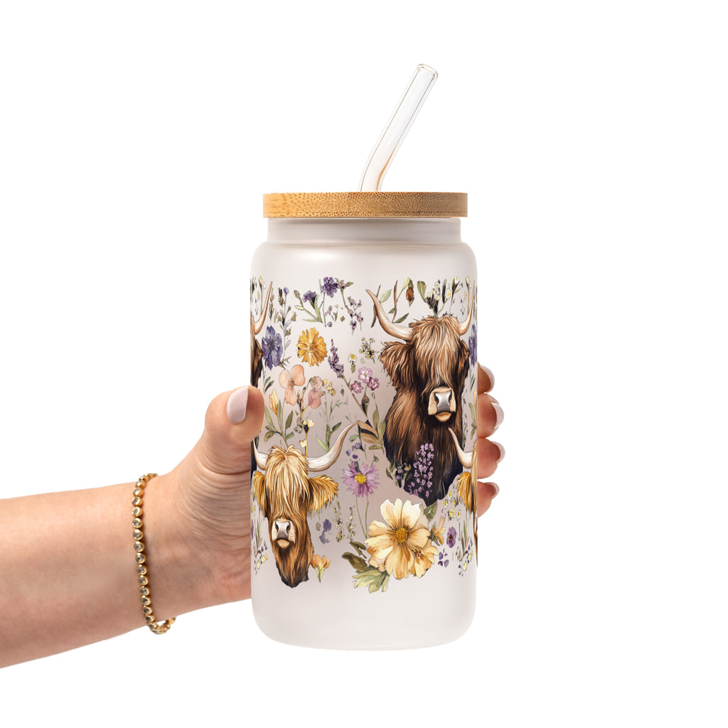 Wildflower Highland Cow Glass Cup, Mug & Tumbler with Lid and Straw