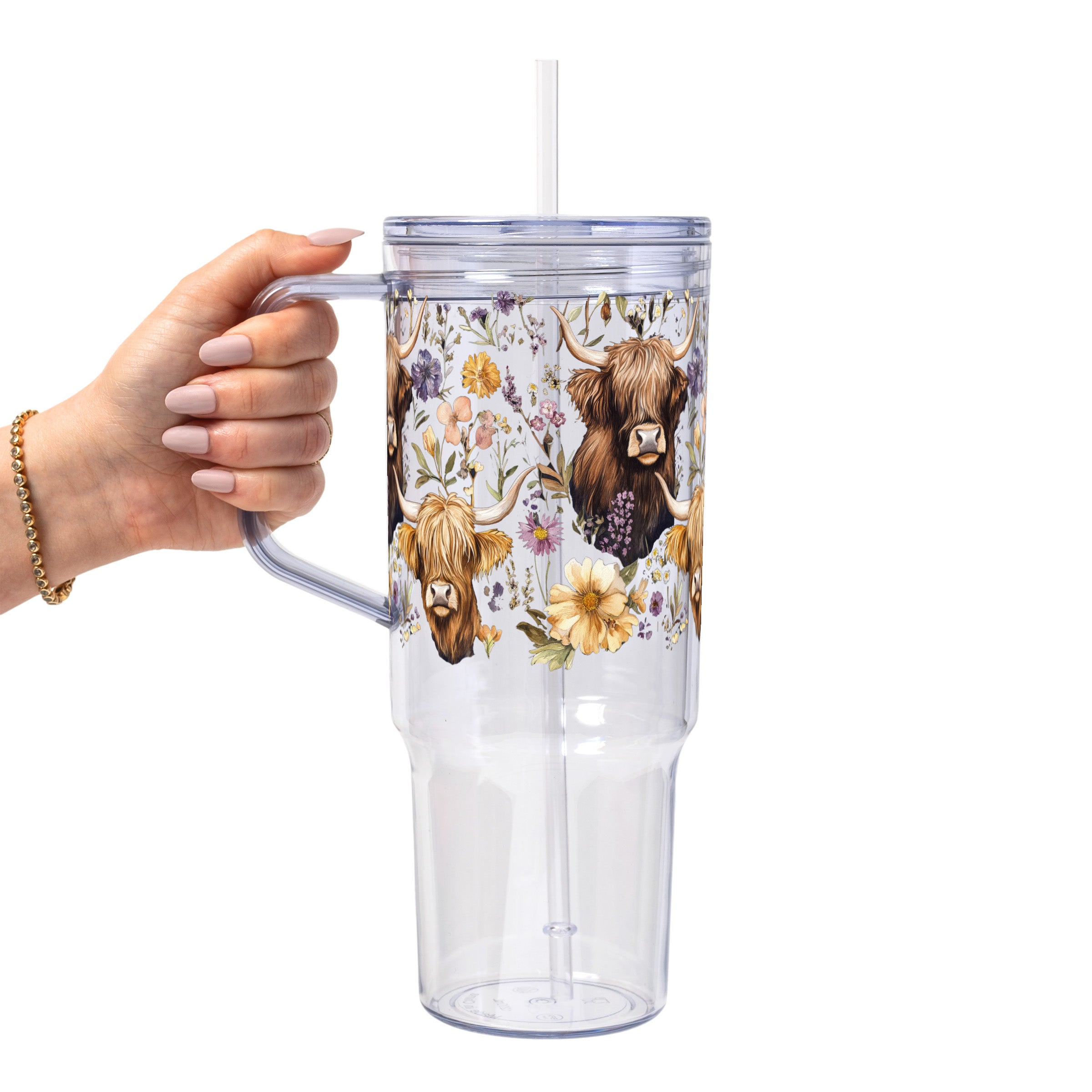 Wildflower Highland Cow Glass Cup, Mug & Tumbler with Lid and Straw