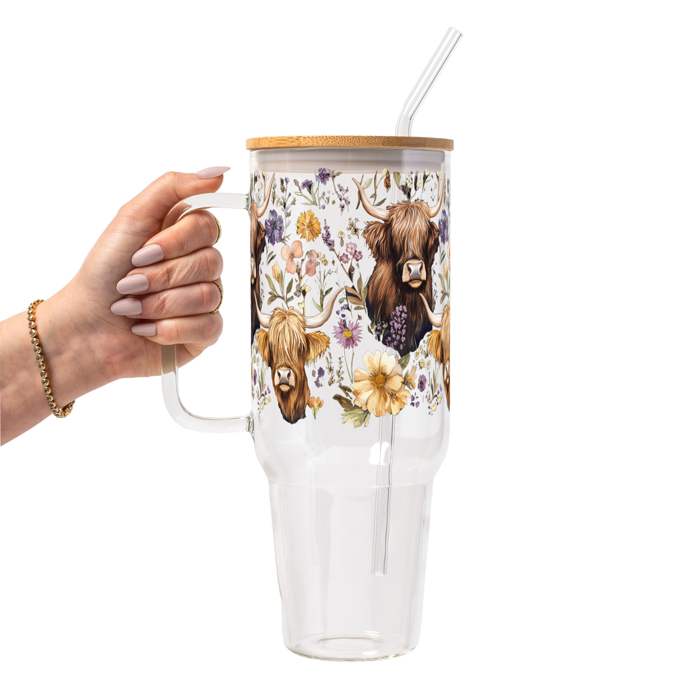 Wildflower Highland Cow Glass Cup, Mug & Tumbler with Lid and Straw