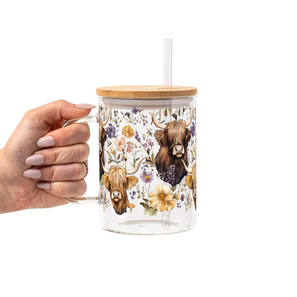 Wildflower Highland Cow Glass Cup, Mug & Tumbler with Lid and Straw