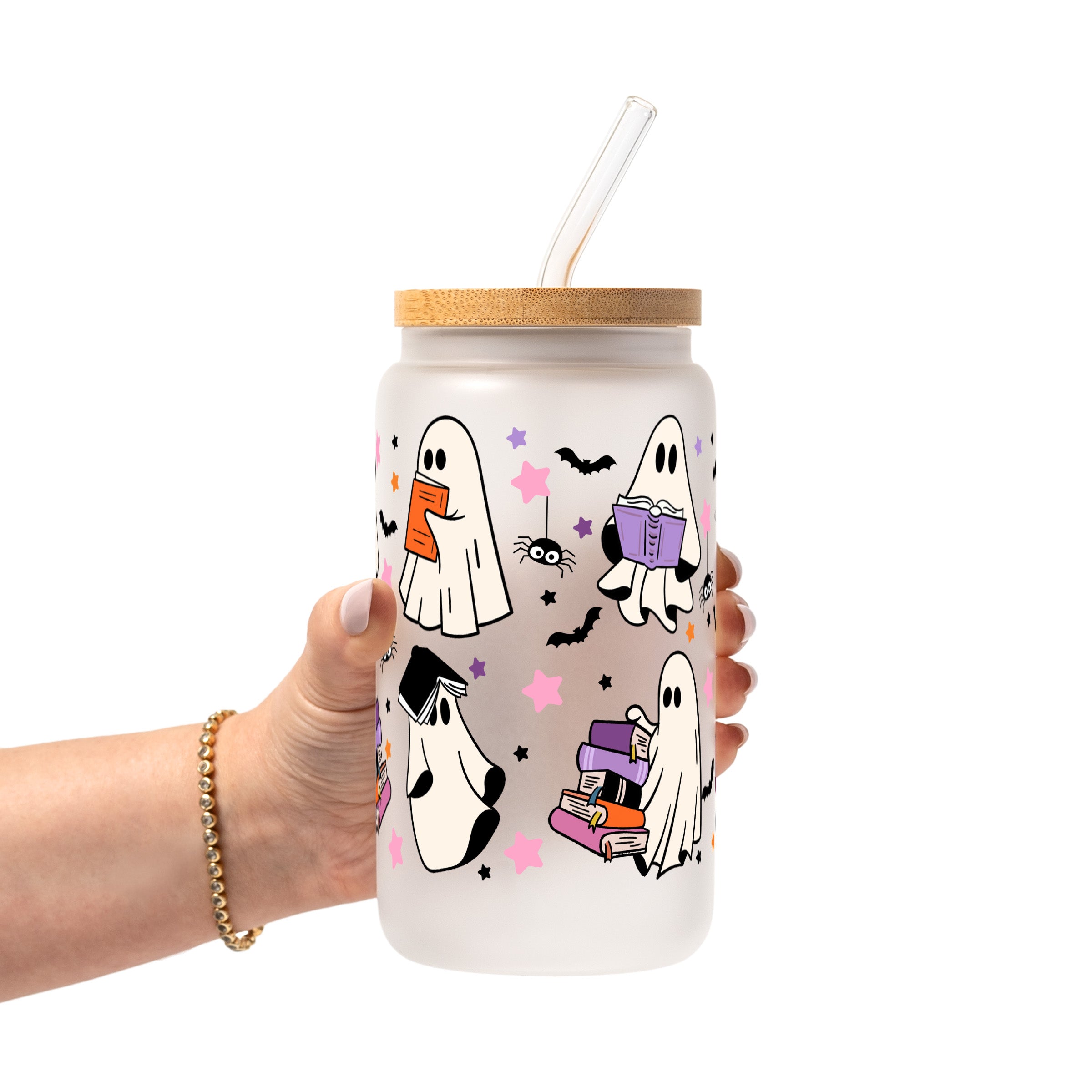 Ghosts and Books Glass Cup, Mug & Tumbler with Lid and Straw