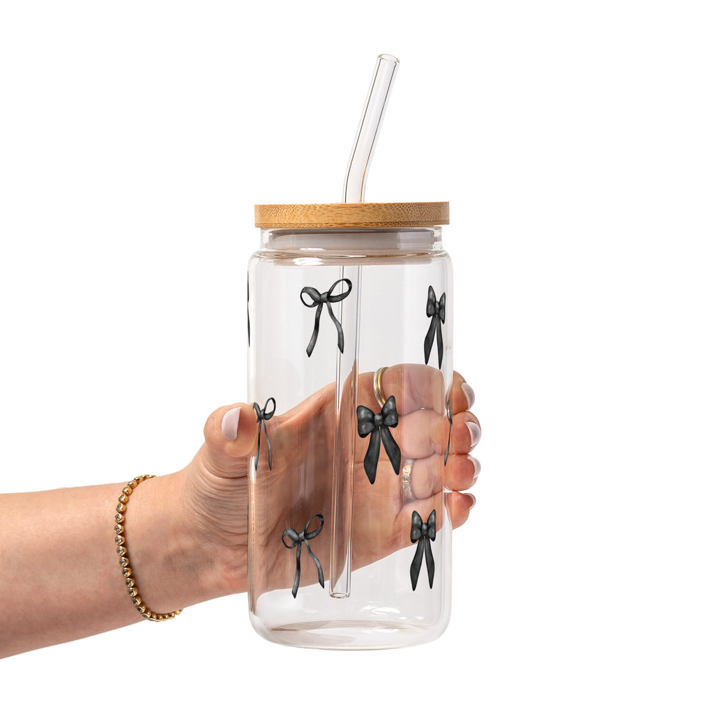 Black Coquette Bows Glass Cup, Mug & Tumbler with Lid and Straw