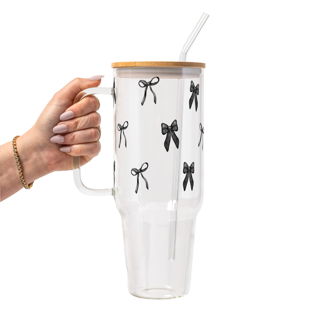 Black Coquette Bows Glass Cup, Mug & Tumbler with Lid and Straw