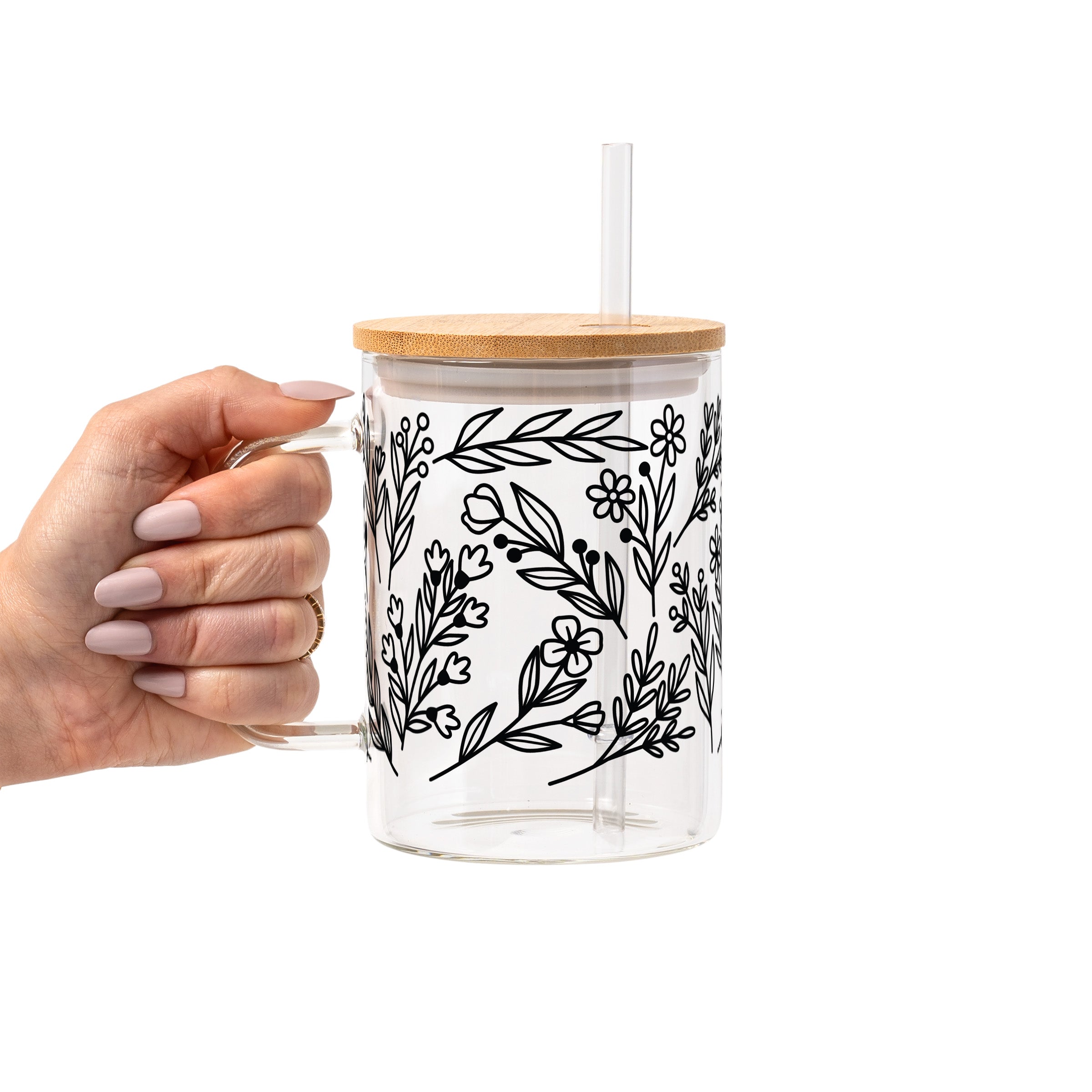 Black Floral Botanical Glass Cup, Mug & Tumbler with Lid and Straw