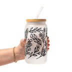 Black Floral Botanical Glass Cup, Mug & Tumbler with Lid and Straw