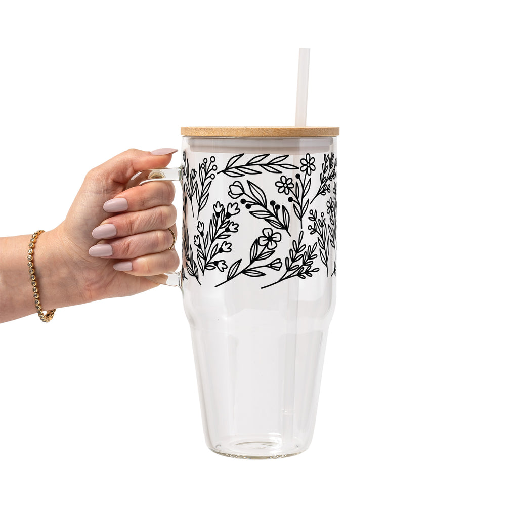 Black Floral Botanical Glass Cup, Mug & Tumbler with Lid and Straw
