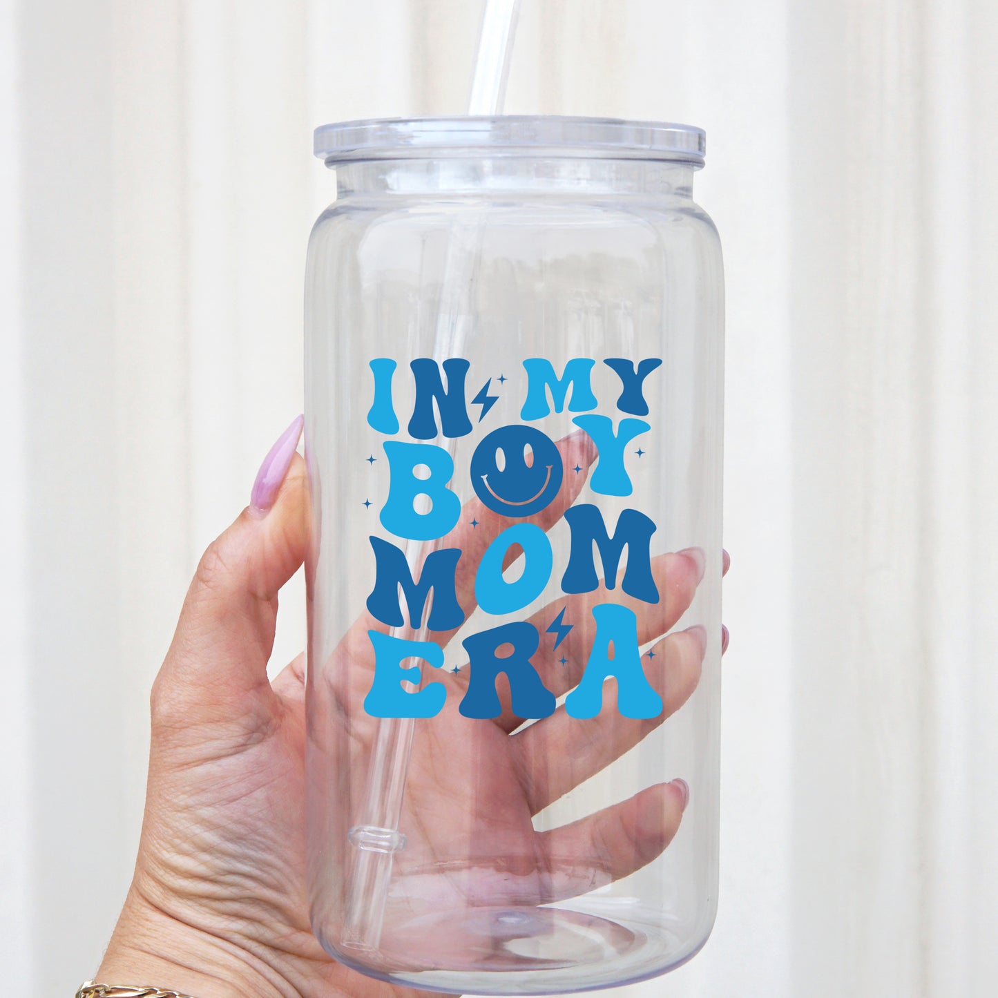 Boy Mom Era 16oz Acrylic Plastic Cup with Clear Lid