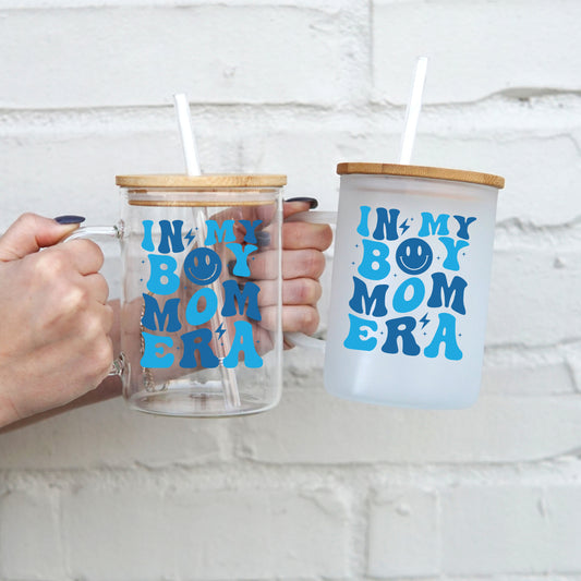 Boy Mom Era 17oz Glass Mug With Lid and Straw