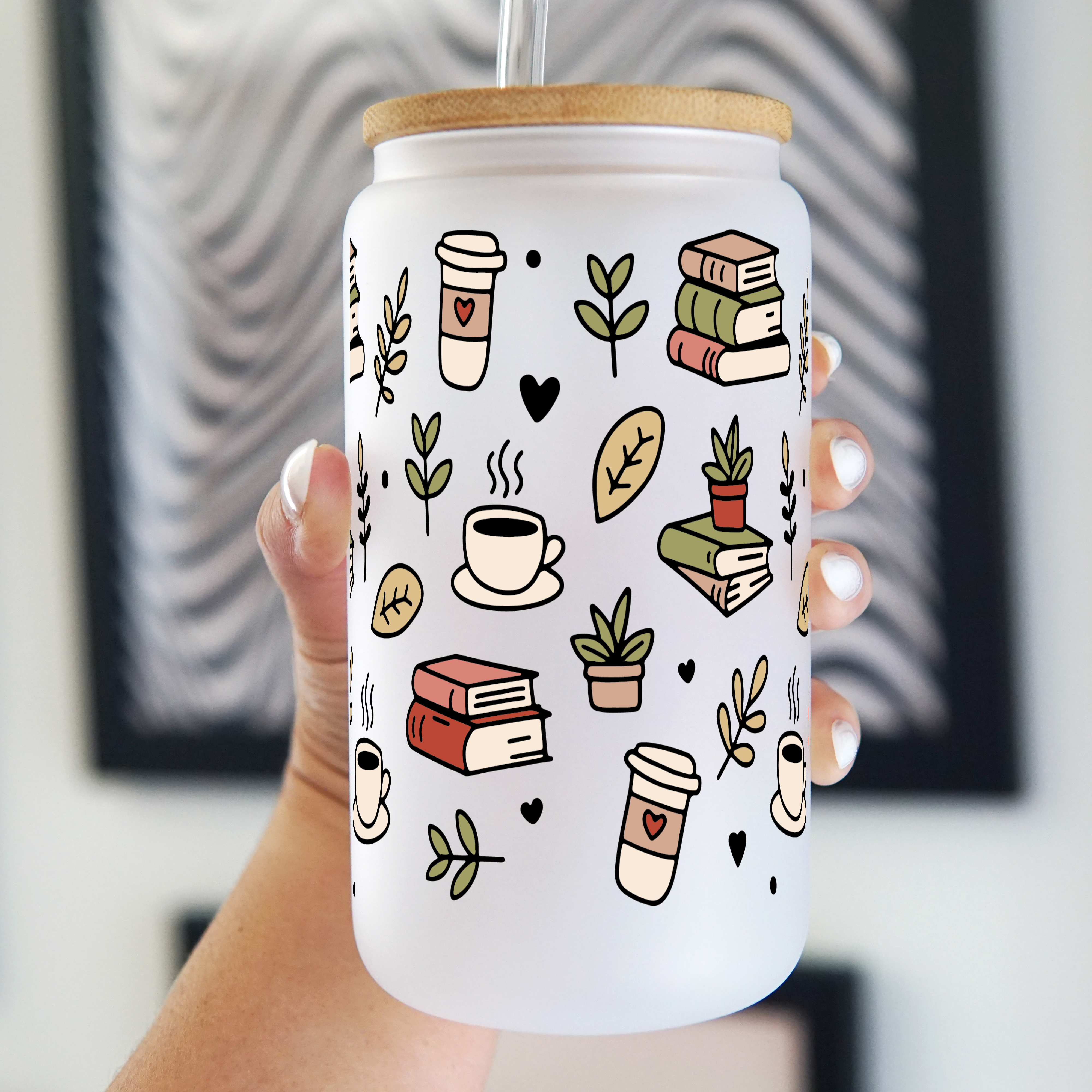 Coffee and Books Glass Can Cup With Lid and Straw