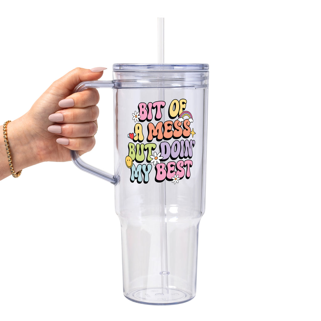 Bit Of A Mess Glass Cup, Mug & Tumbler with Lid and Straw