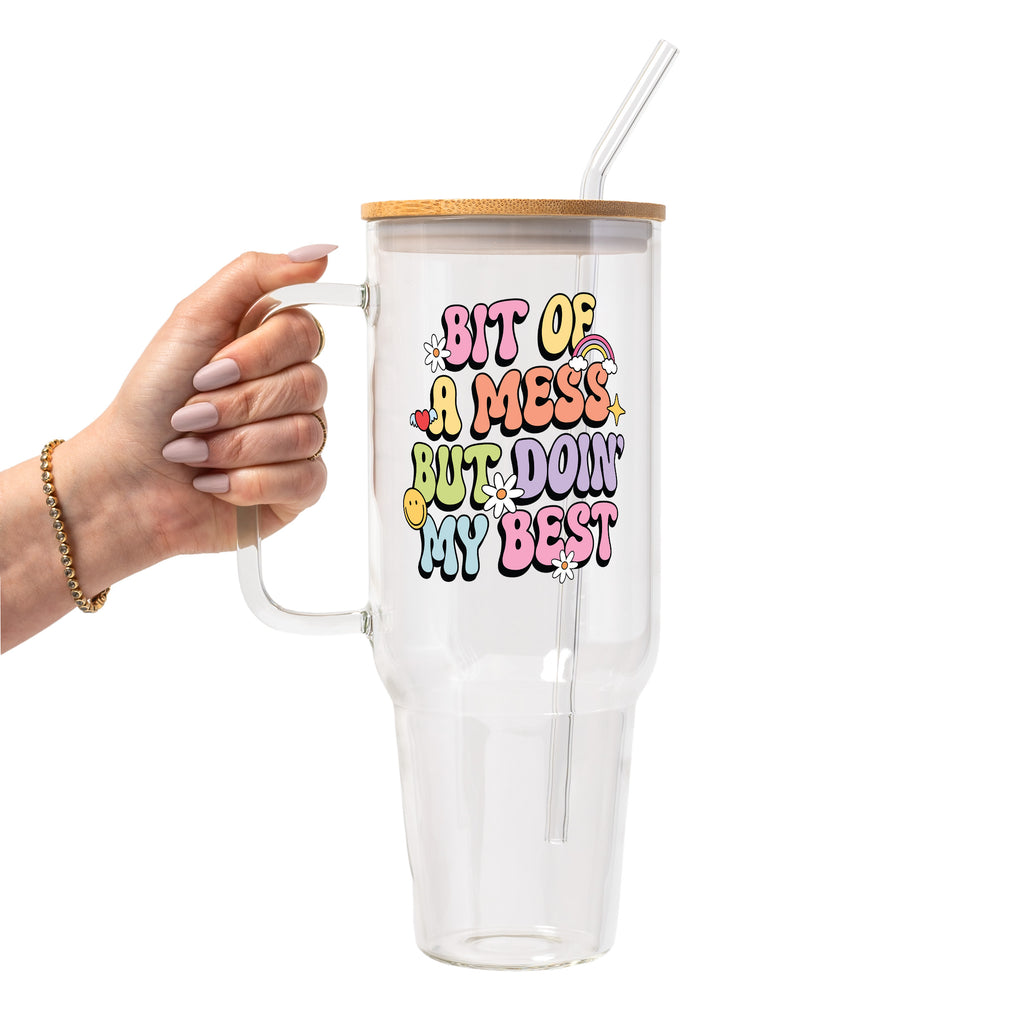 Bit Of A Mess Glass Cup, Mug & Tumbler with Lid and Straw