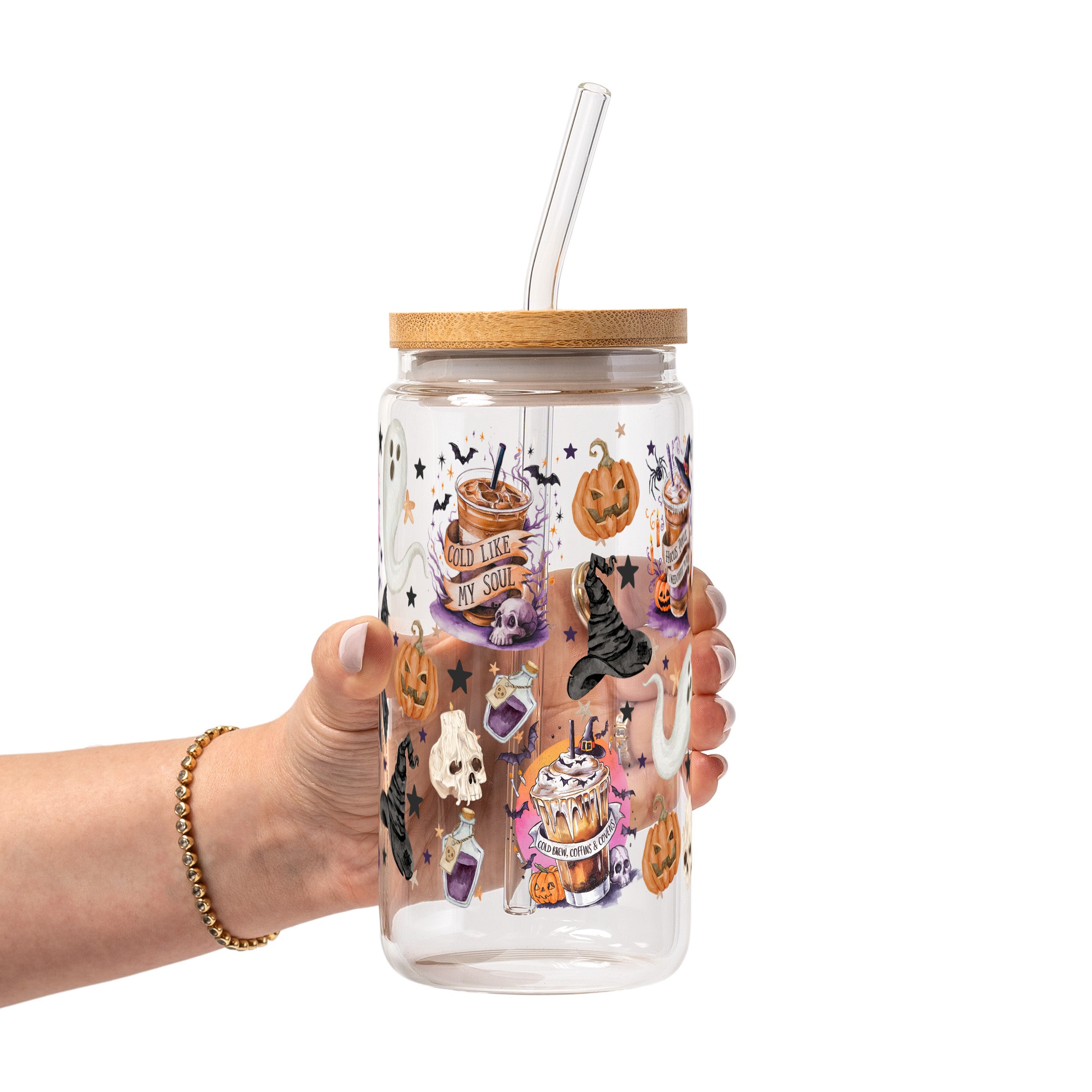 Halloween Fall Coffees Glass Cup, Mug & Tumbler with Lid and Straw