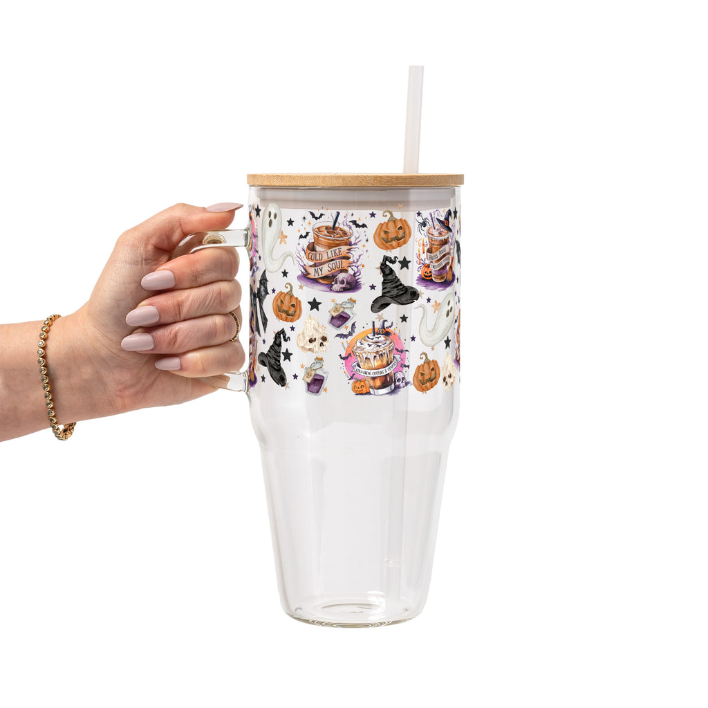 Halloween Fall Coffees Glass Cup, Mug & Tumbler with Lid and Straw