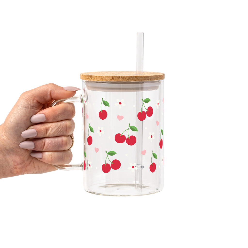 Red Cherries Pink Hearts Glass Cup, Mug & Tumbler with Lid and Straw