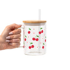 Red Cherries Pink Hearts Glass Cup, Mug & Tumbler with Lid and Straw