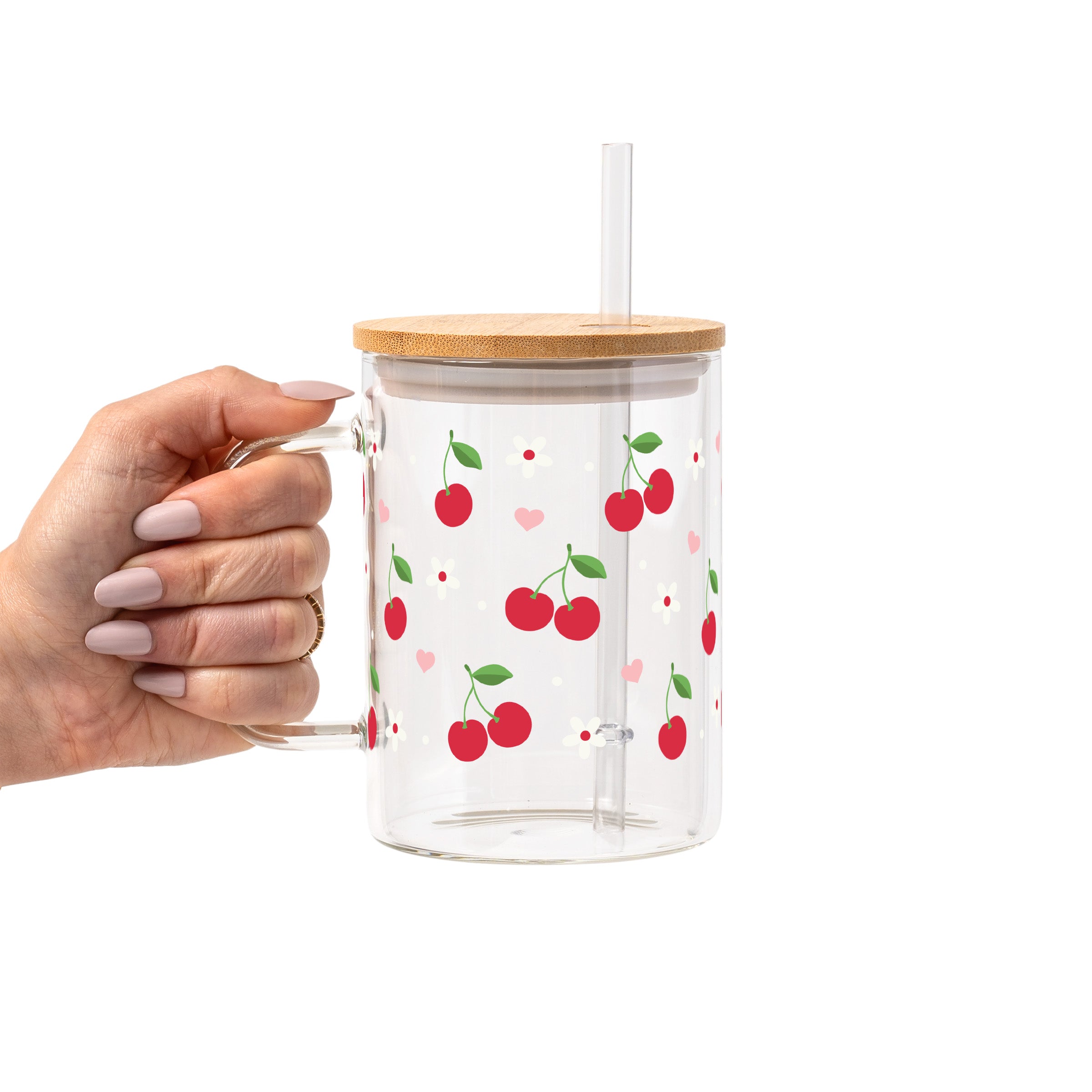 Red Cherries Pink Hearts Glass Cup, Mug & Tumbler with Lid and Straw