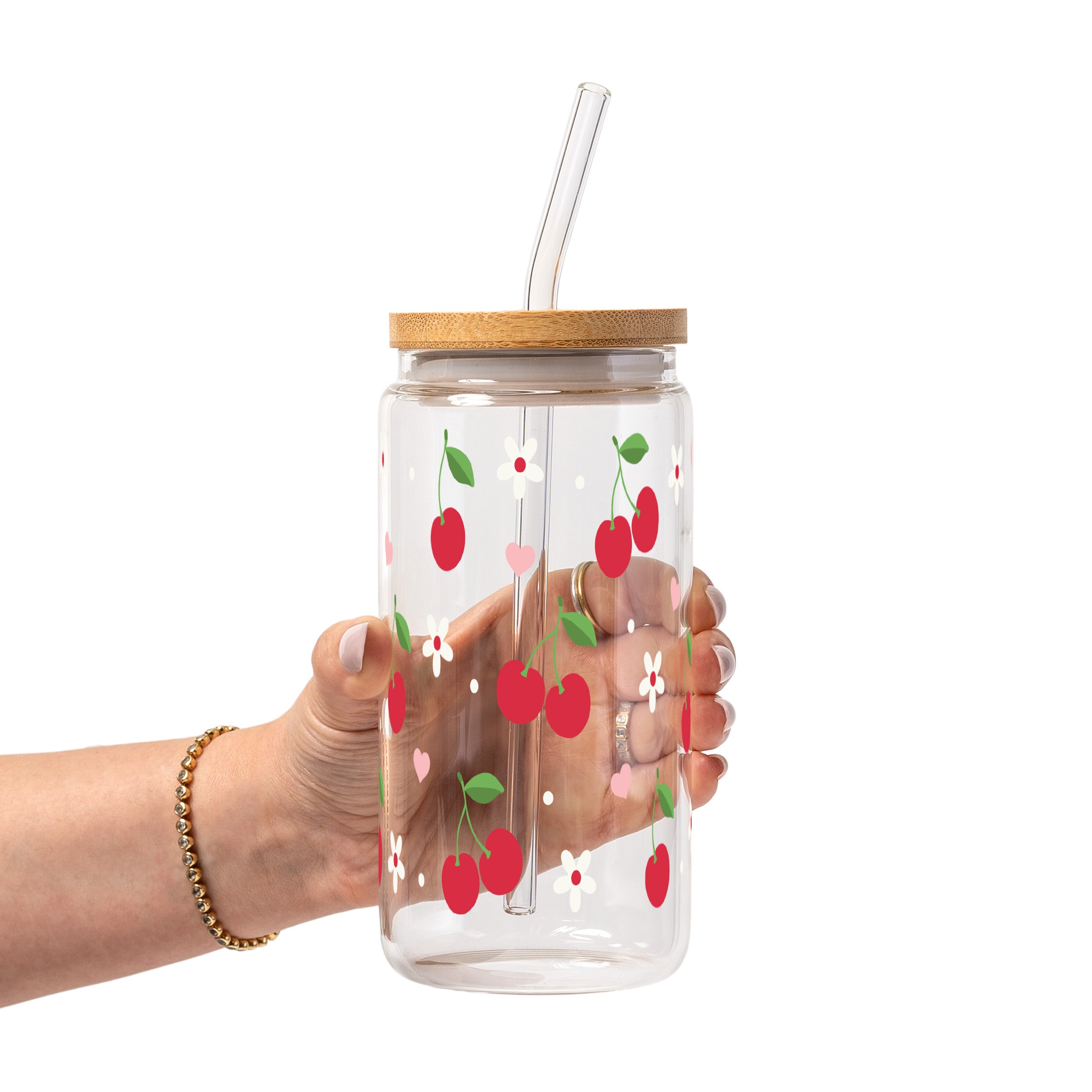 Red Cherries Pink Hearts Glass Cup, Mug & Tumbler with Lid and Straw