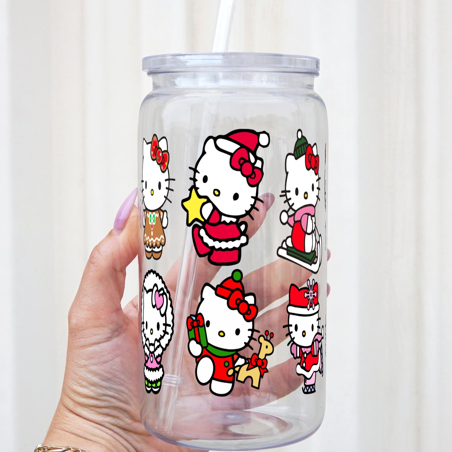 Christmas Kitty 16oz Acrylic Plastic Cup with Clear Lid