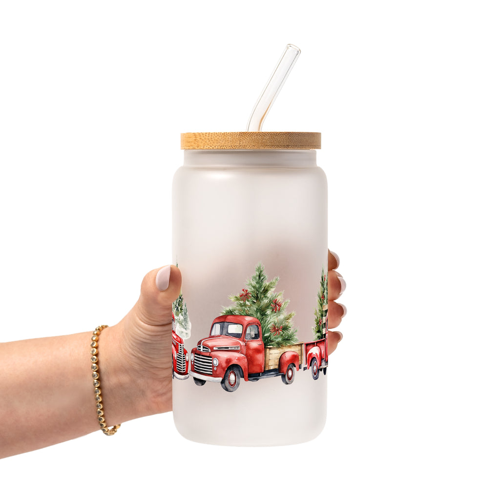 Red Christmas Trucks Glass Cup, Mug & Tumbler with Lid and Straw