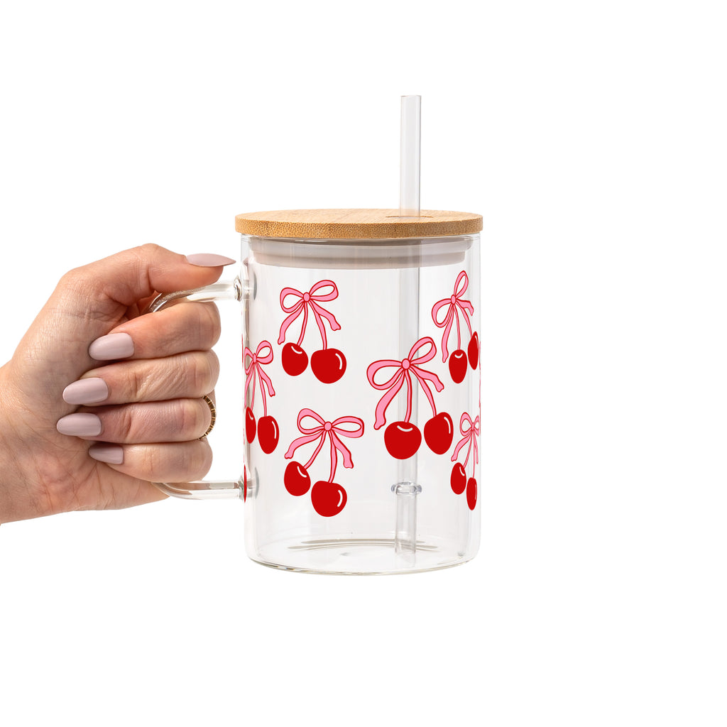 Cherry Bow Glass Cup, Mug & Tumbler with Lid and Straw