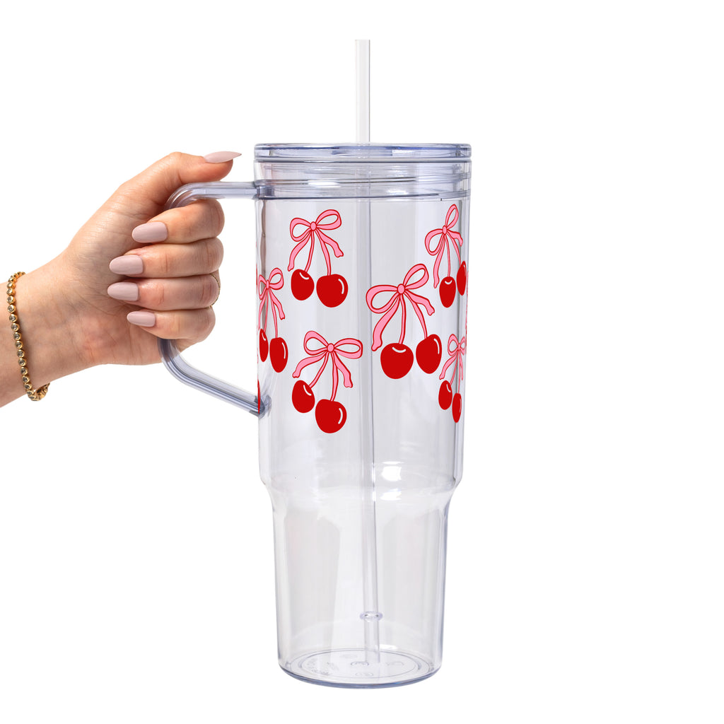 Cherry Bow Glass Cup, Mug & Tumbler with Lid and Straw