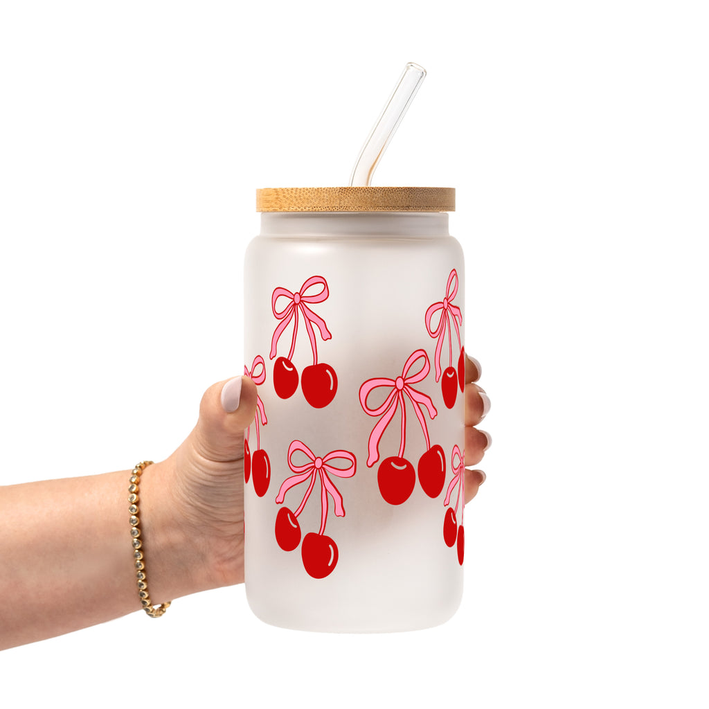 Cherry Bow Glass Cup, Mug & Tumbler with Lid and Straw