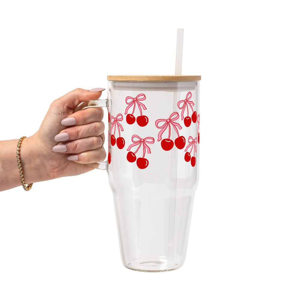 Cherry Bow Glass Cup, Mug & Tumbler with Lid and Straw