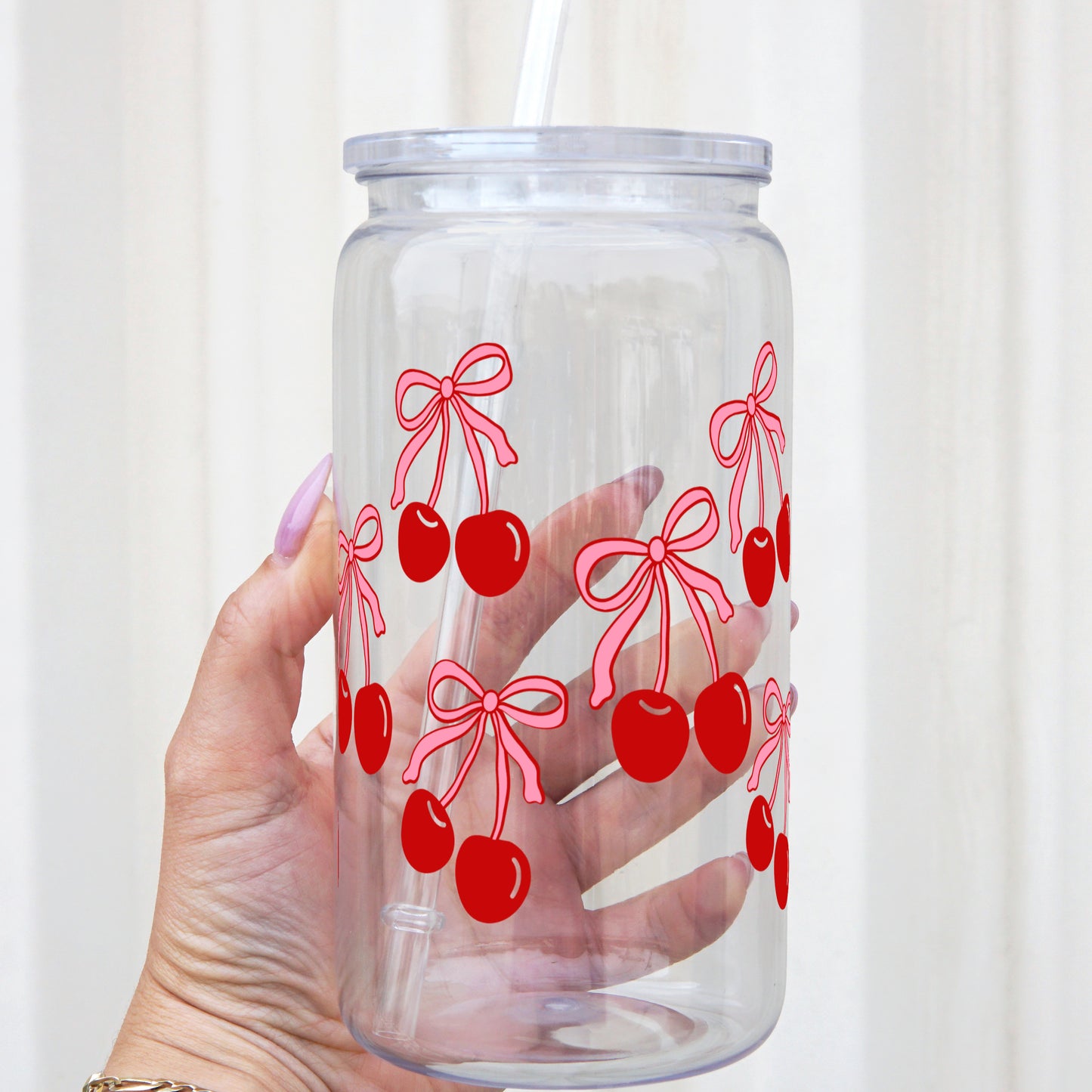 Cherries and Bows 16oz Acrylic Plastic Cup with Clear Lid