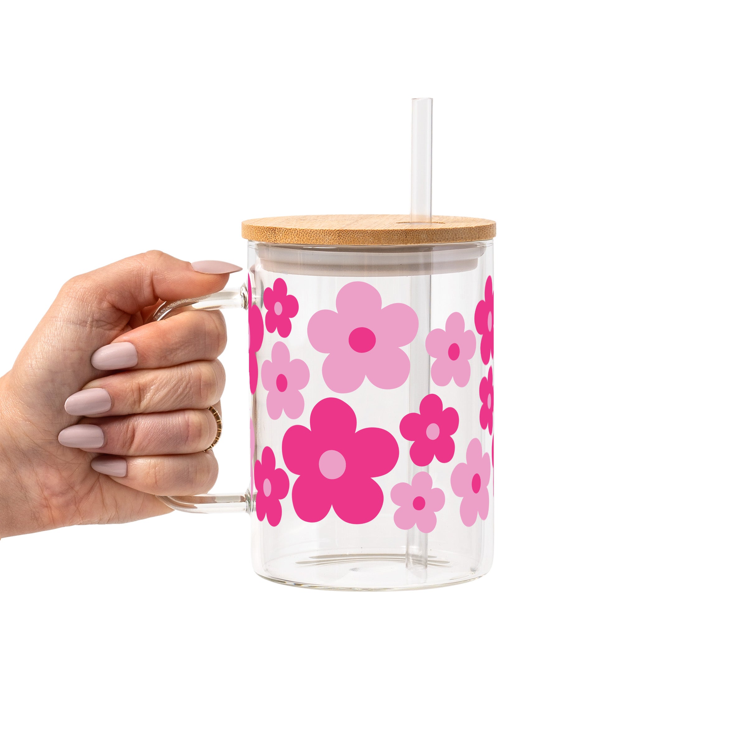 Retro Pink Daisy Floral Glass Cup, Mug & Tumbler with Lid and Straw
