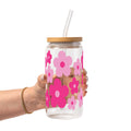 Retro Pink Daisy Floral Glass Cup, Mug & Tumbler with Lid and Straw