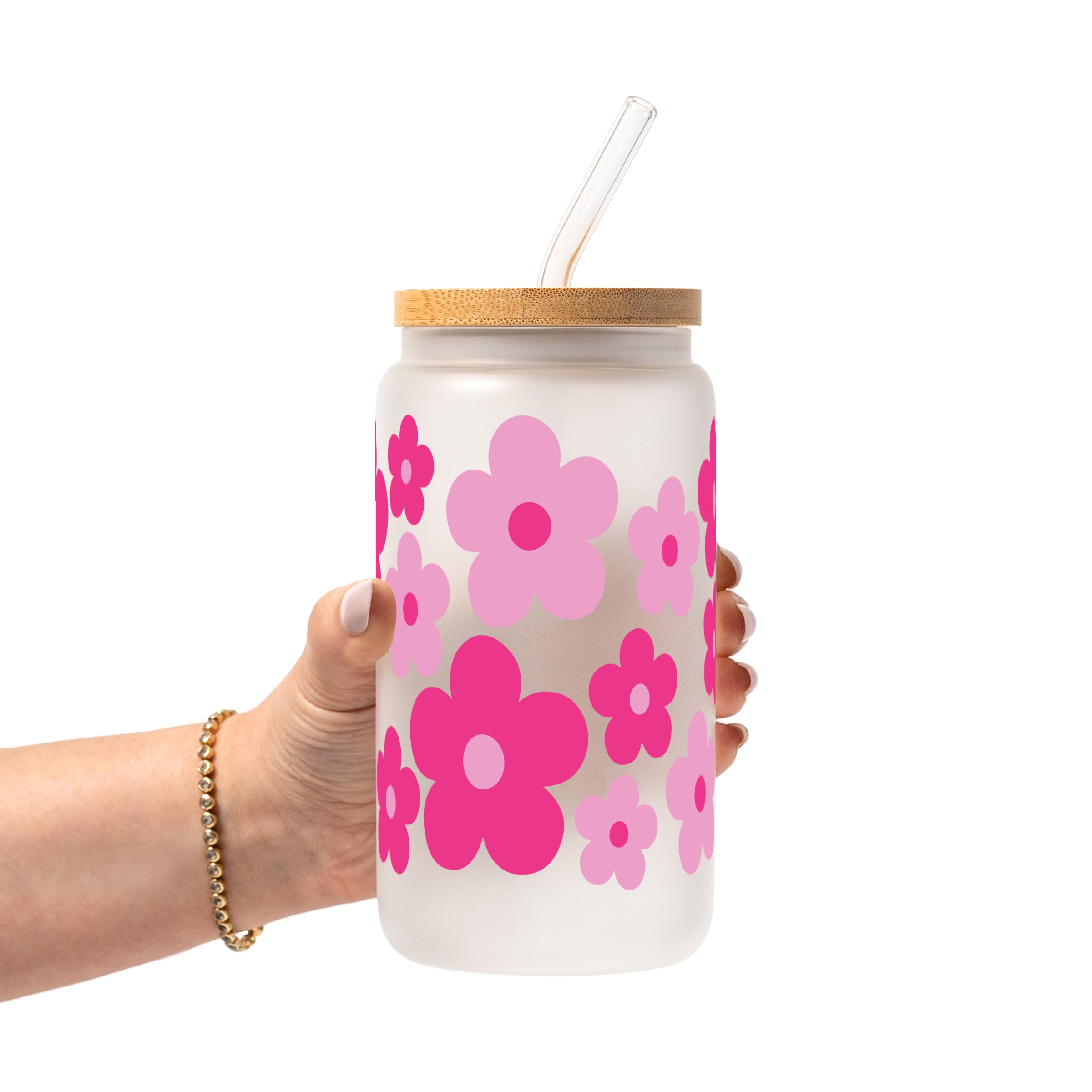 Retro Pink Daisy Floral Glass Cup, Mug & Tumbler with Lid and Straw