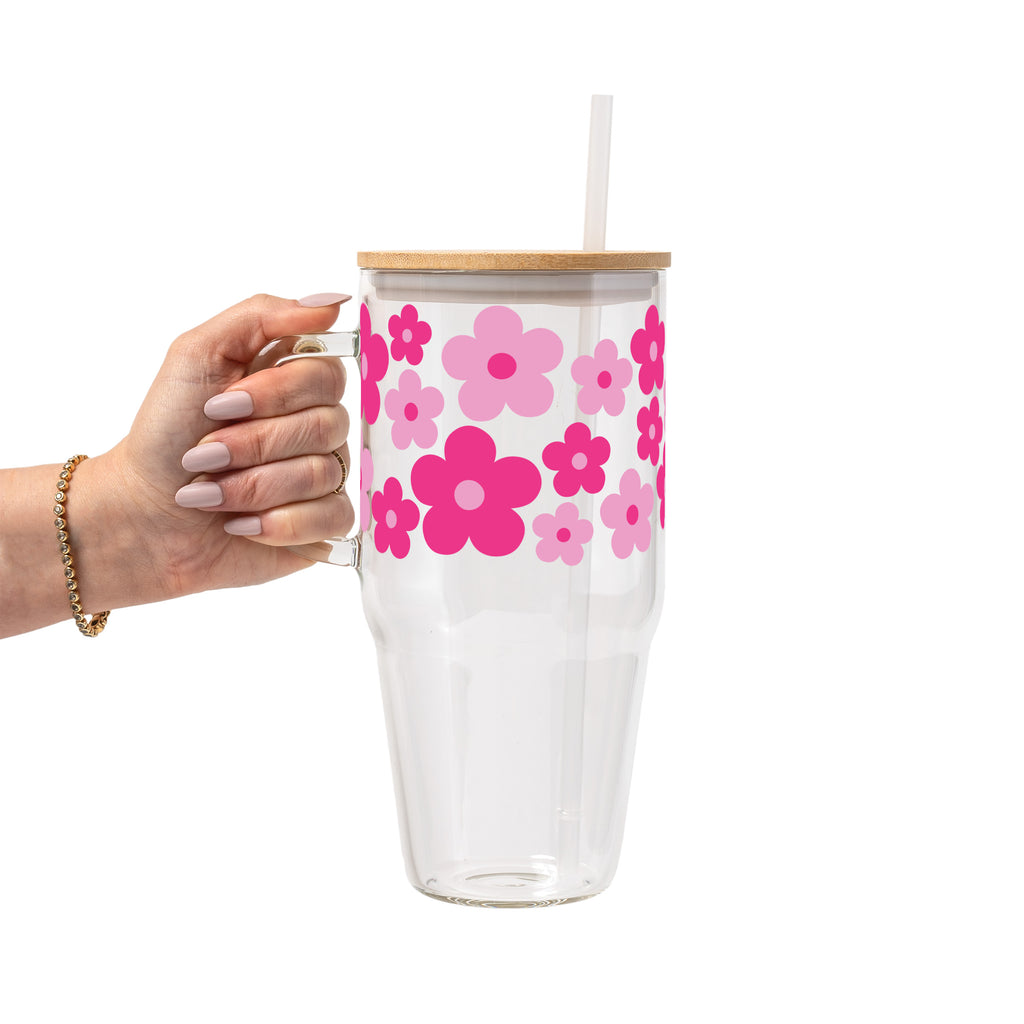 Retro Pink Daisy Floral Glass Cup, Mug & Tumbler with Lid and Straw