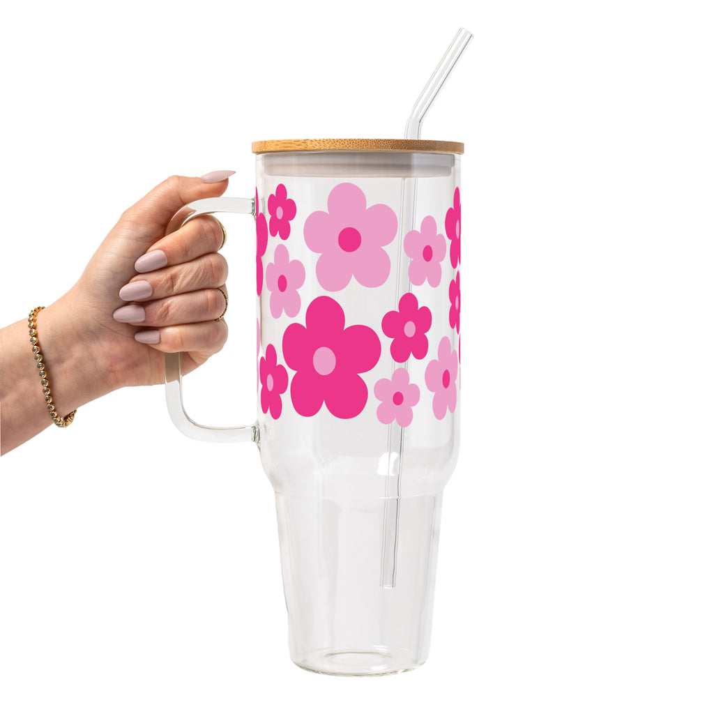Retro Pink Daisy Floral Glass Cup, Mug & Tumbler with Lid and Straw