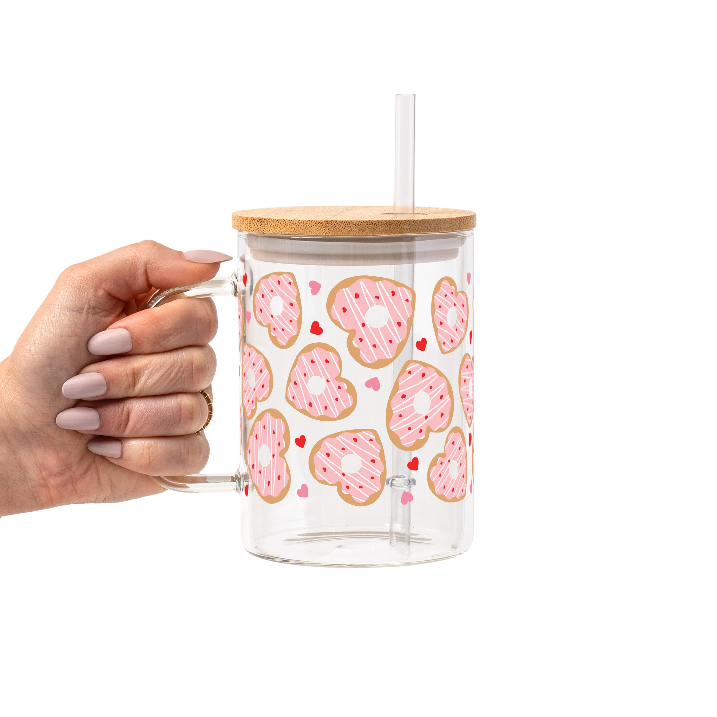 Valentine Donut Hearts Glass Cup, Mug & Tumbler with Lid and Straw