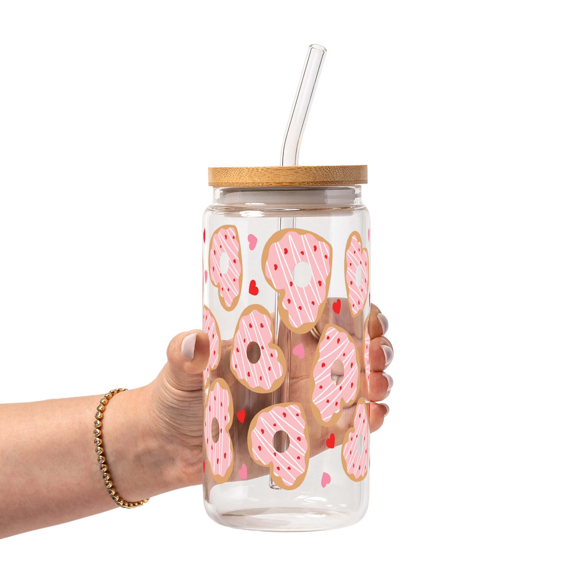 Valentine Donut Hearts Glass Cup, Mug & Tumbler with Lid and Straw