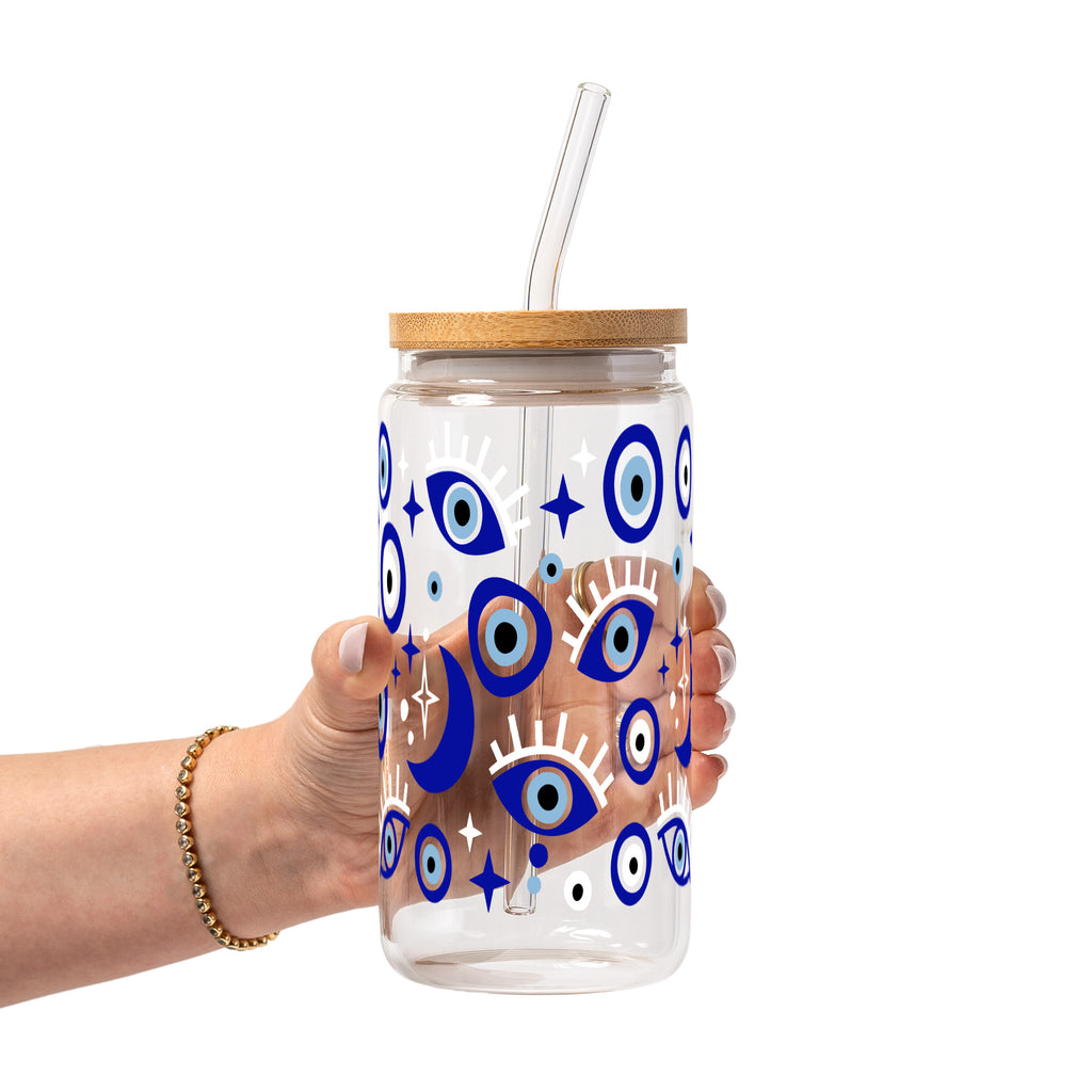 Evil Eye Glass Cup, Mug & Tumbler with Lid and Straw